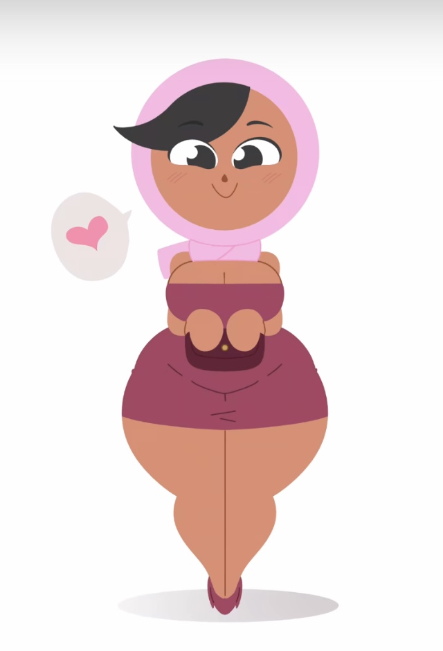 big breasts, black eyes, black hair, breasts, cute, duolingo, fat ass, female, heart, high heels, hijab, holding object, postblue98, short dress, thick thighs, zari (duolingo)