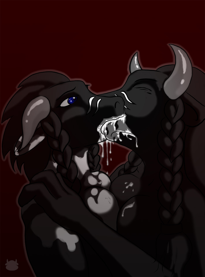 anthro black black_hair blue_eyes bovine braids breasts closed_eyes colored_background couple cum cum_drip cum_in_mouth cum_on_breasts dripping female hair horns kissing messy muq nude snowballing spots tauren warcraft world_of_warcraft yuri