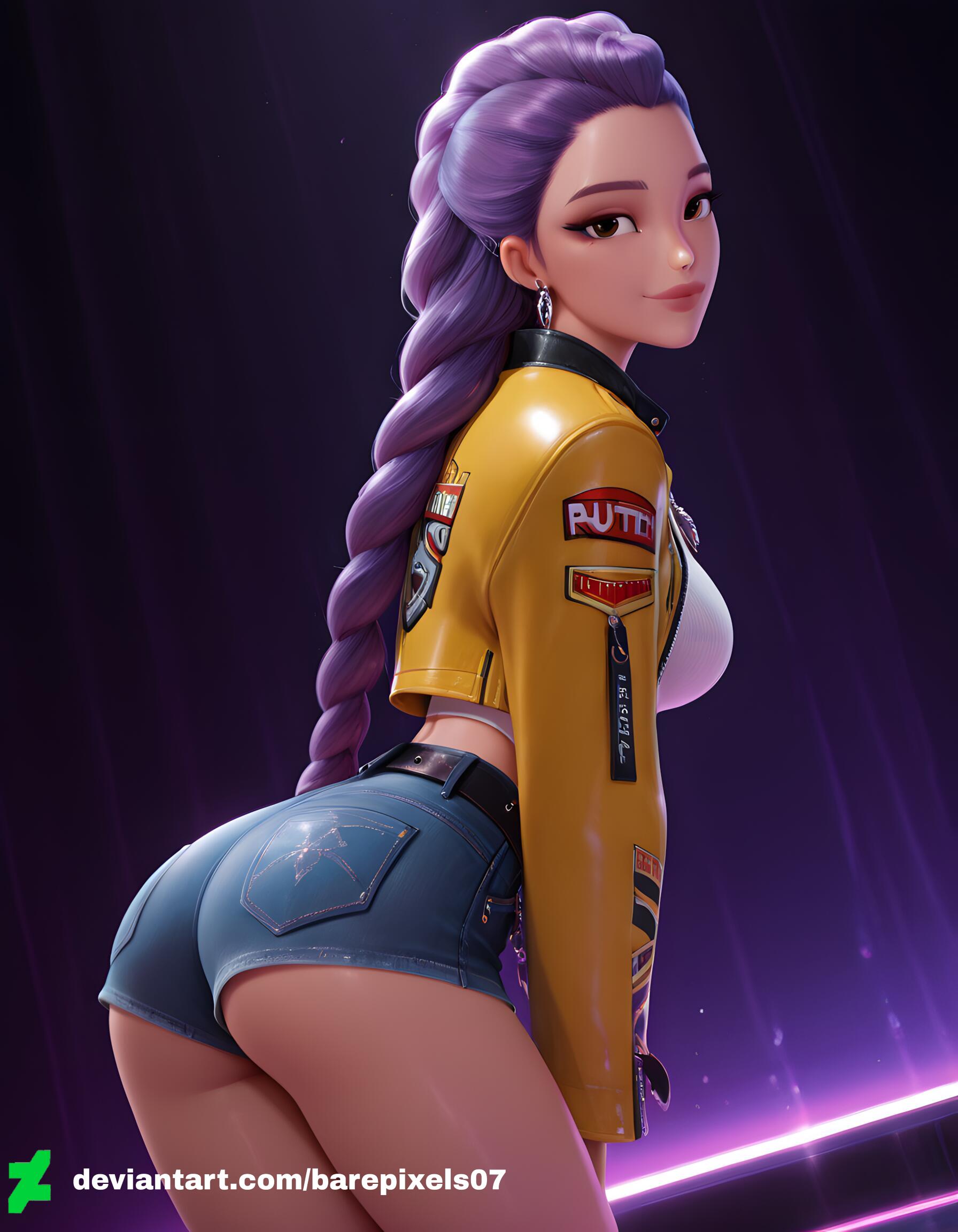 1girls, ai generated, ass, barepixels07, blush, braid, breasts, brown eyes, clothed, concert, cowboy shot, female, happy, kpop demon hunters, leaning forward, long hair, looking at viewer, looking back, medium breasts, necklace, netflix, public, rumi (kpop demon hunters), scene, single braid, solo, solo female, stage, stage lights, standing