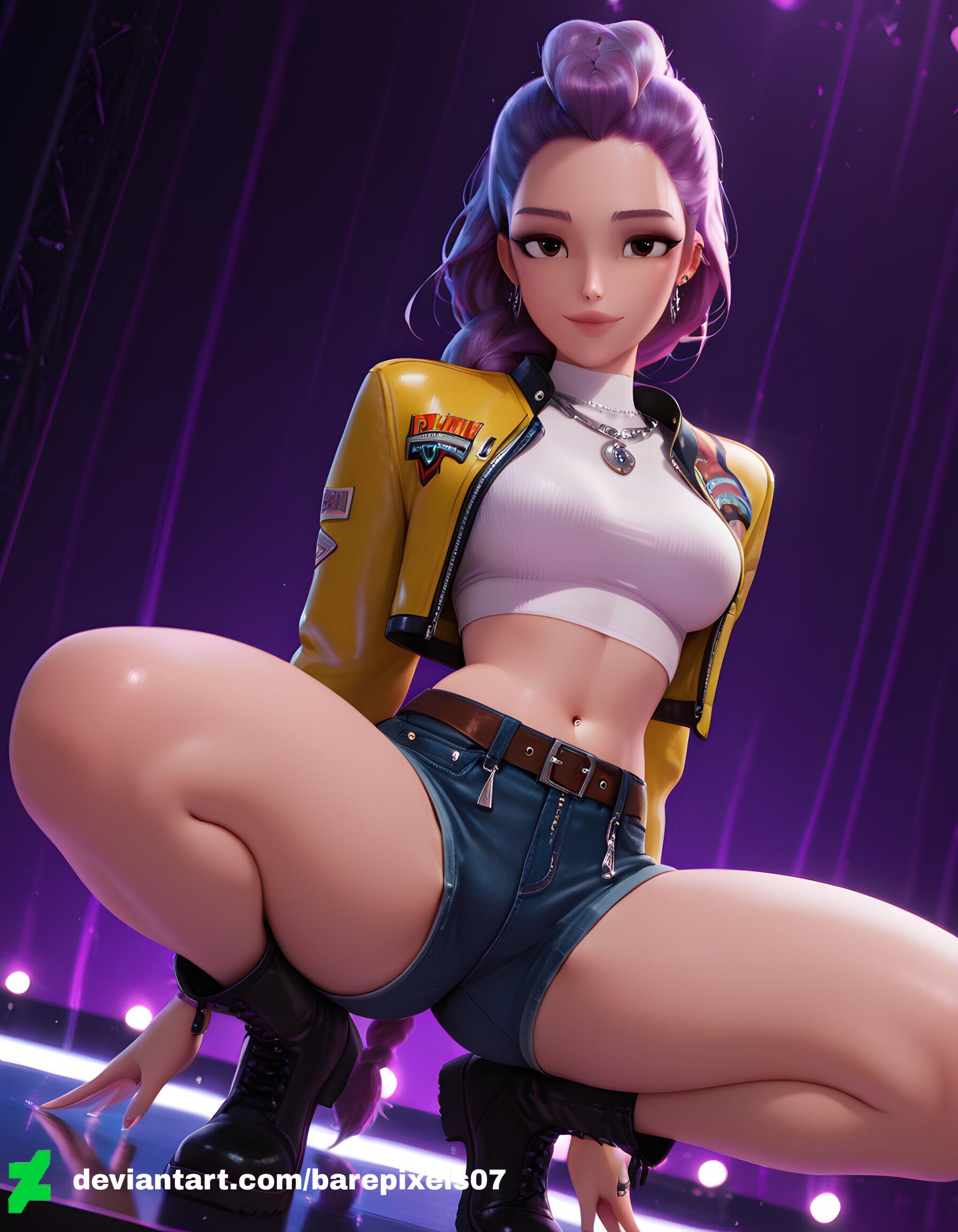 1girls, ai generated, ass, barepixels07, belly button, blush, braid, breasts, brown eyes, clothed, concert, cowboy shot, female, happy, kpop demon hunters, legs spread, long hair, looking at viewer, looking back, medium breasts, midriff, navel, necklace, netflix, perfect body, public, rumi (kpop demon hunters), scene, single braid, sitting, solo, solo female, squatting, stage, stage lights, thighs