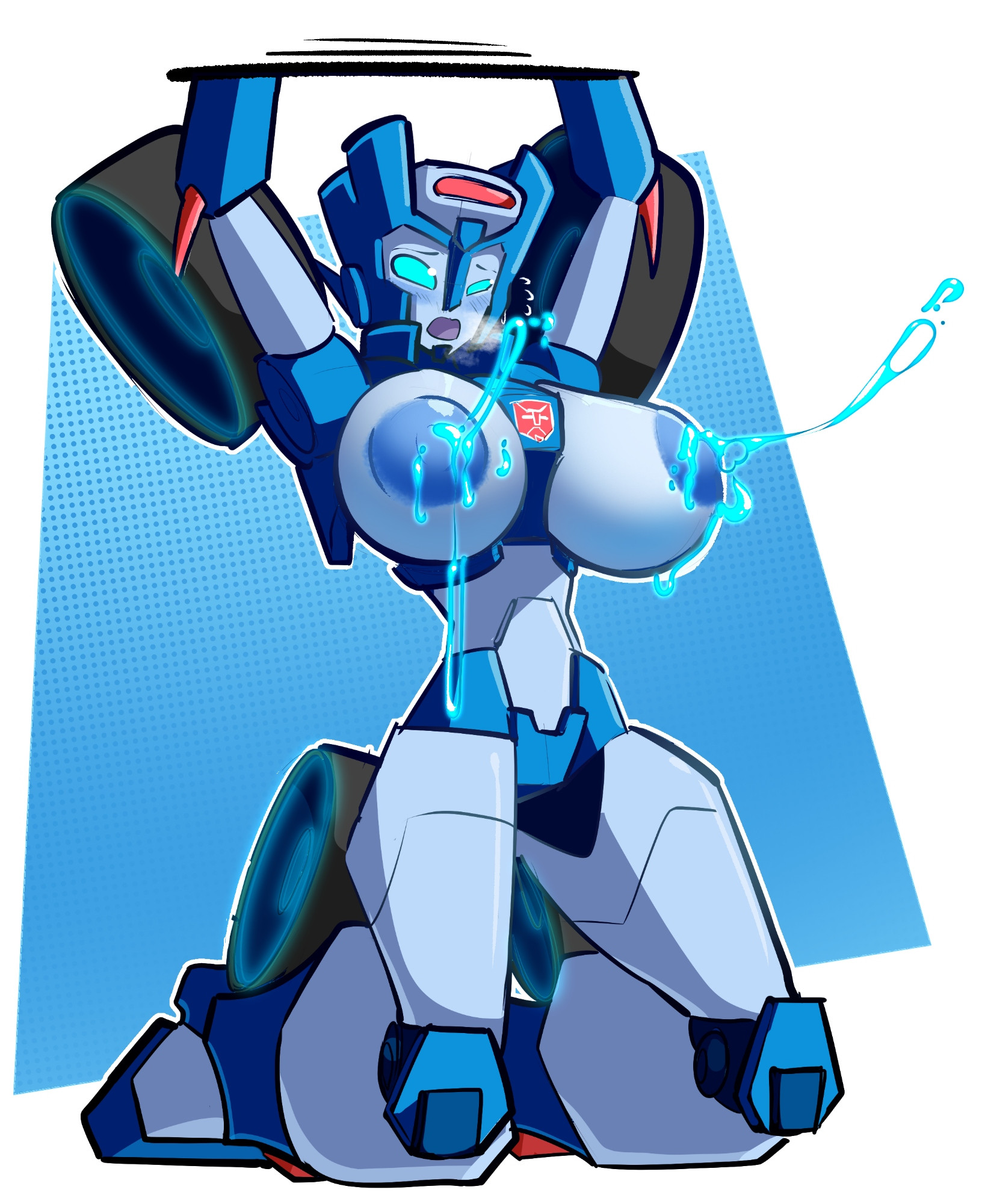 1girls, banjacksshool, big breasts, blue eyes, blue nipples, blue panties, breasts, chromia, female, fembot, high resolution, highres, lactation, light blue skin, nipples, panties, robot, robot girl, robot humanoid, solo, solo female, transformers, transformers cyberverse, unusual lactation