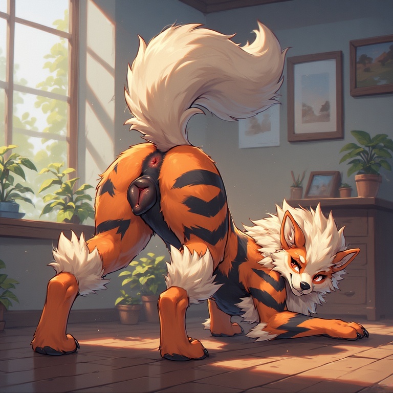 ai art, ai generated, animal genitalia, anus, arcanine, canid, canine, canine genitalia, canine pussy, female, feral, feral only, generation 1 pokemon, looking at viewer, looking back, mammal, orange body, orange fur, pokemon, pokemon (species), pussy