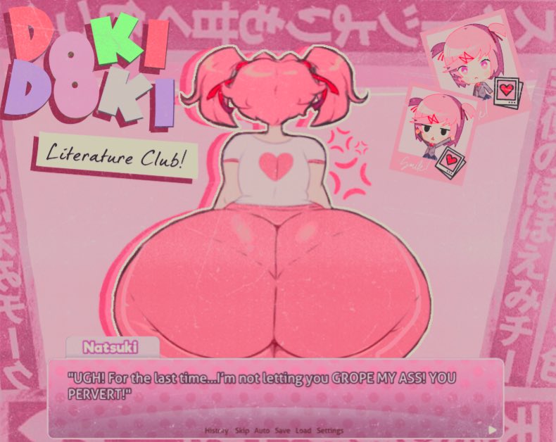 angry, ass, ass bigger than head, ass bigger than torso, ass body, ass focus, back view, big ass, bottom heavy, dialogue, doki doki literature club, edit, edited, fat ass, fat butt, filter, hips, hips wider than shoulders, huge ass, hyper ass, leggings, moonraige, moonstadew, natsuki (doki doki literature club), pantylines, pink clothing, pink hair, pinkmangahoe, roleplay, roleplay account, talking to viewer, text, tight clothing, tights, twintails, wide hips