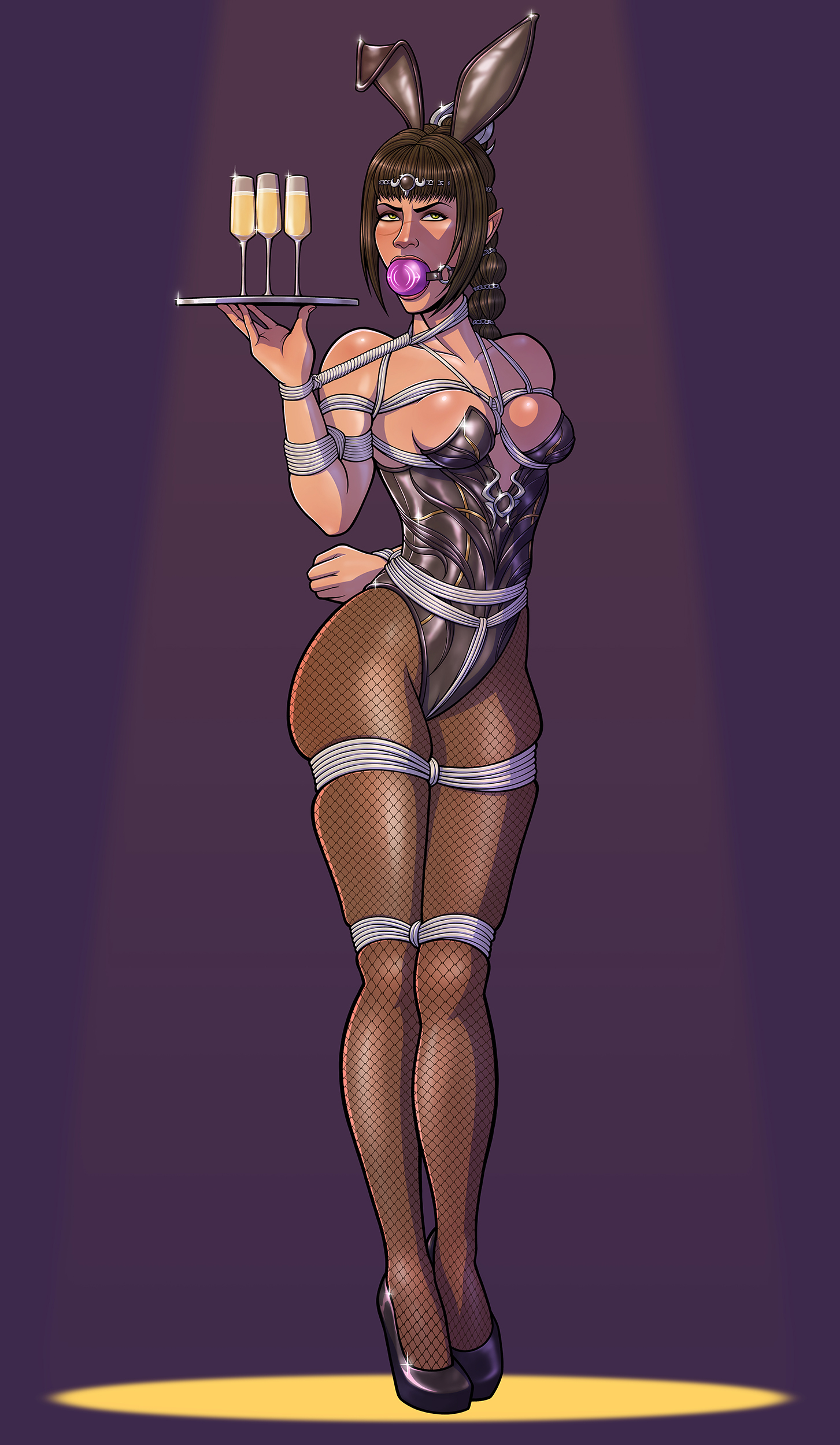 1girls, baldur's gate 3, bondage, bound, bunny ears, bunny girl, bunnysuit, cleavage, female, female only, femsub, fishnet stockings, gag, gagged, high heels, leggings, perilchaser, revealing clothes, rope, servant, shadowheart, shadowheart (baldur's gate), solo, waitress
