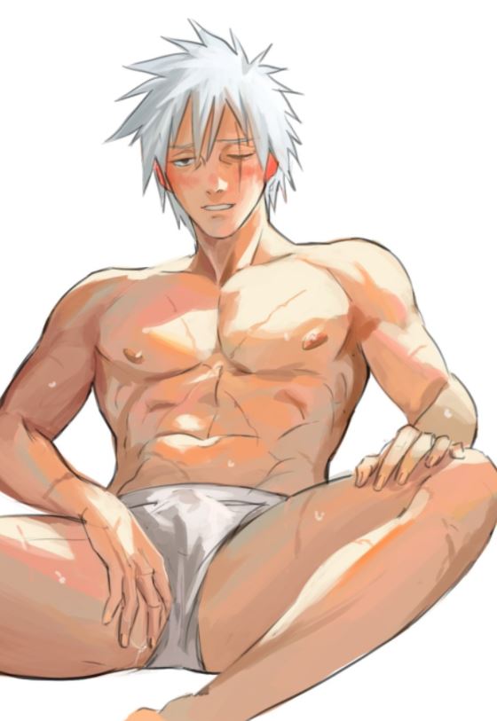 1boy abs blush boxer_briefs bulge chest_hair erection erection_under_clothes feet_out_of_frame gay grey_hair hatake_kakashi looking_at_viewer male male_focus male_only male_underwear naruto naruto_(series) naruto_shippuden navel nipples one_eye_closed pectorals scar scar_across_eye short_hair siinnk sitting solo spread_legs stomach sweat thighs topless_male underwear white_male_underwear