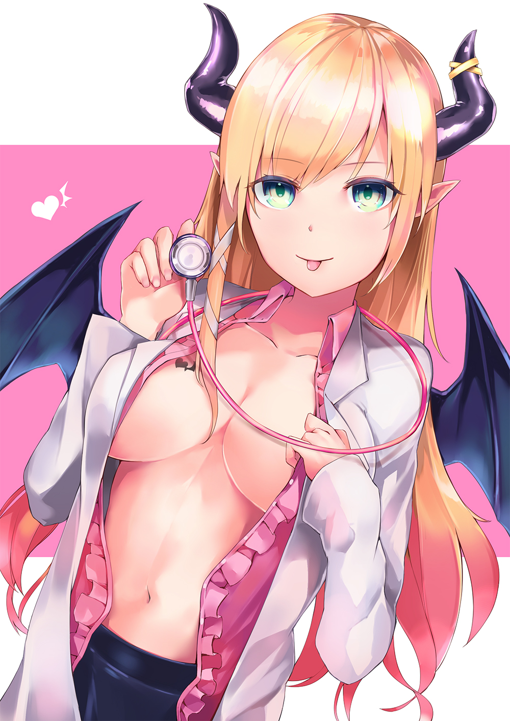 bat_tattoo blonde_hair breasts chest_tattoo demon demon_girl demon_horns demon_wings female highres hololive hololive_gen_2 hololive_japan horns kie_(yospcd) large_breasts navel pointy_ears solo stethoscope succubus tattoo tongue tongue_out virtual_youtuber wings yuzuki_choco