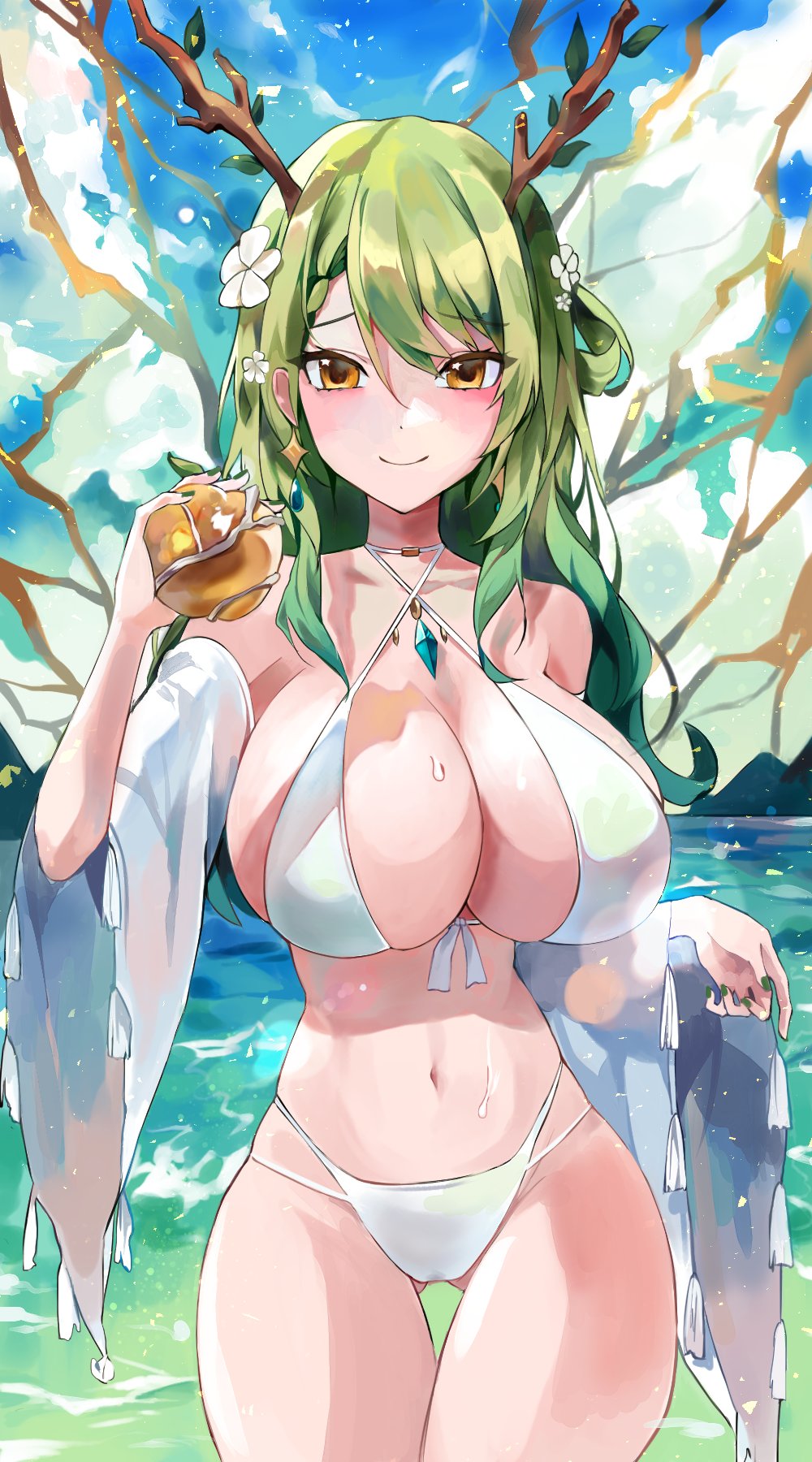 bikini bikini_bottom bikini_top body_of_water ceres_fauna detailed_background earrings flowers_in_hair golden_apple green_hair hololive hololive_english hololive_english_-council- hololive_english_-promise- horns nail_polish necklace robe virtual_youtuber water yellow_eyes