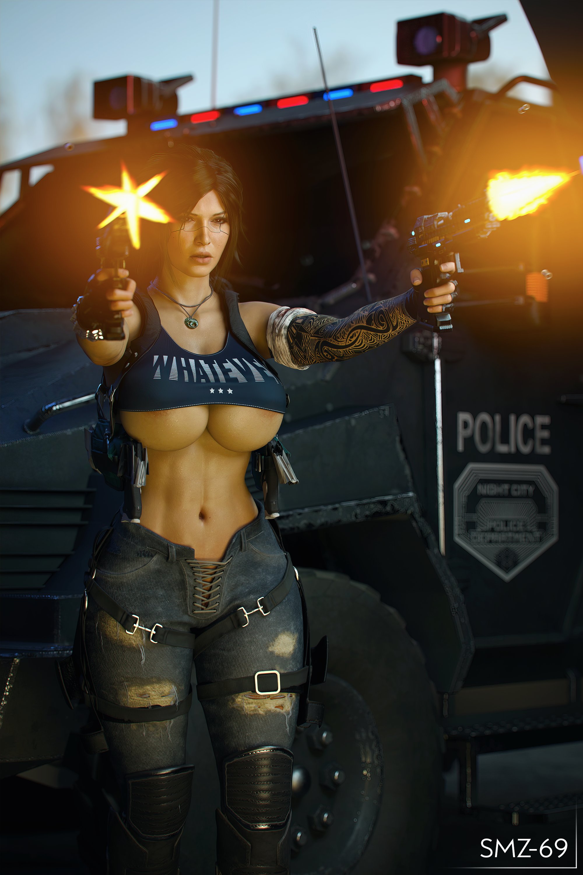 1girls, 3d, absurd res, big breasts, breasts, cd projekt red, crossover, cyberpunk 2077, female, female only, firearm, gun, handgun, hi res, human, lara croft, lara croft (survivor), large breasts, pale skin, smz-69, solo, tattoo, tomb raider, tomb raider (survivor), underboob, weapon