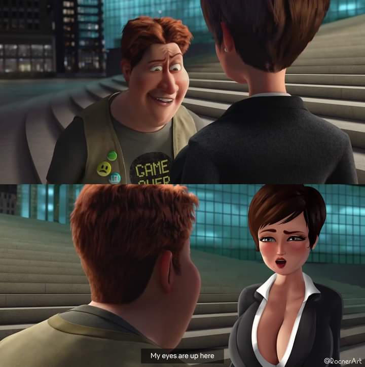 1boy 1girls big_breasts breasts brown_hair business_suit cleavage clothed clothed_female clothed_male detailed_background dialogue dreamworks edit english english_text female fully_clothed hal_stewart huge_breasts lipstick looking_at_breasts male massive_breasts megamind meme red_hair red_lipstick rocner roxanne_ritchi short_hair stairs staring staring_at_breasts text tighten