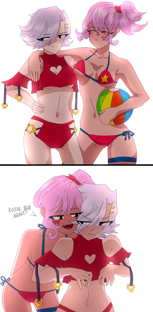 arms behind back, beach ball, belly button, bikini, black eyes, blush, bra, brawl stars, colette (brawl stars), cute, cute fang, dress, eyebrows, eyebrows visible through hair, eyeliner, female, female focus, female only, hands behind back, hug, janet (brawl stars), lesbian, panties, pink hair, russian text, white background, white hair, white skin, whwhoam, yuri