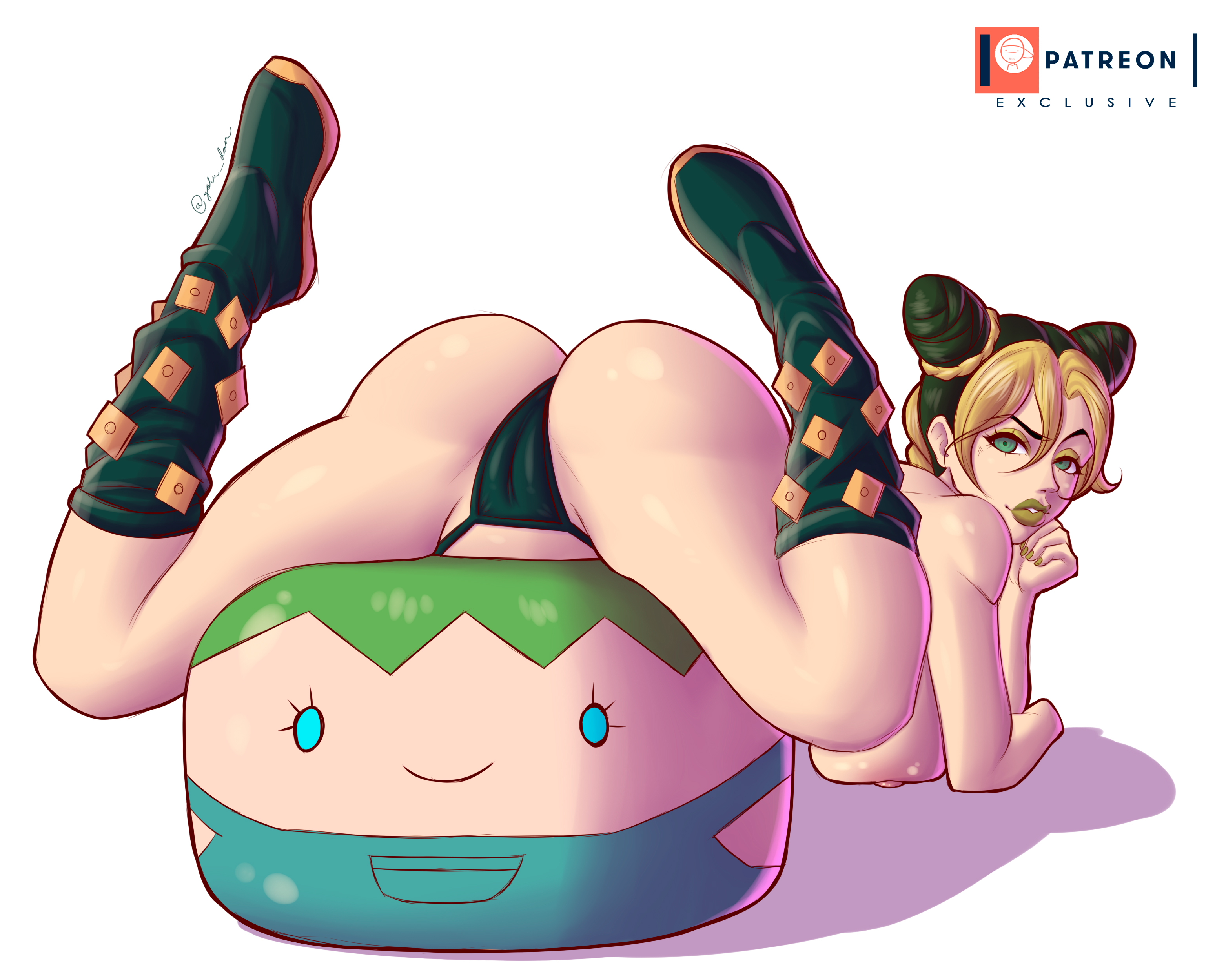 1girls, ass, ass focus, big ass, big breasts, big butt, blonde hair, breasts, cameltoe, double bun, female, female only, foo fighters, green eyes, green hair, green lipstick, human, jojo's bizarre adventure, jolyne kujo, light skin, light-skinned female, lipstick, panties, presenting, presenting hindquarters, pussy, shounen jump, solo, solo female, stone ocean, thick thighs, thighs, thong, yoru dan
