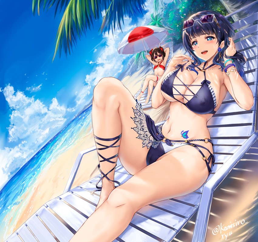 2girls asaka_karin big_breasts bikini black_hair blue_bikini blue_eyes blue_hair blush female female_only kamishiro_ryuu love_live! love_live!_nijigasaki_high_school_idol_club love_live!_school_idol_project multiple_girls yazawa_nico