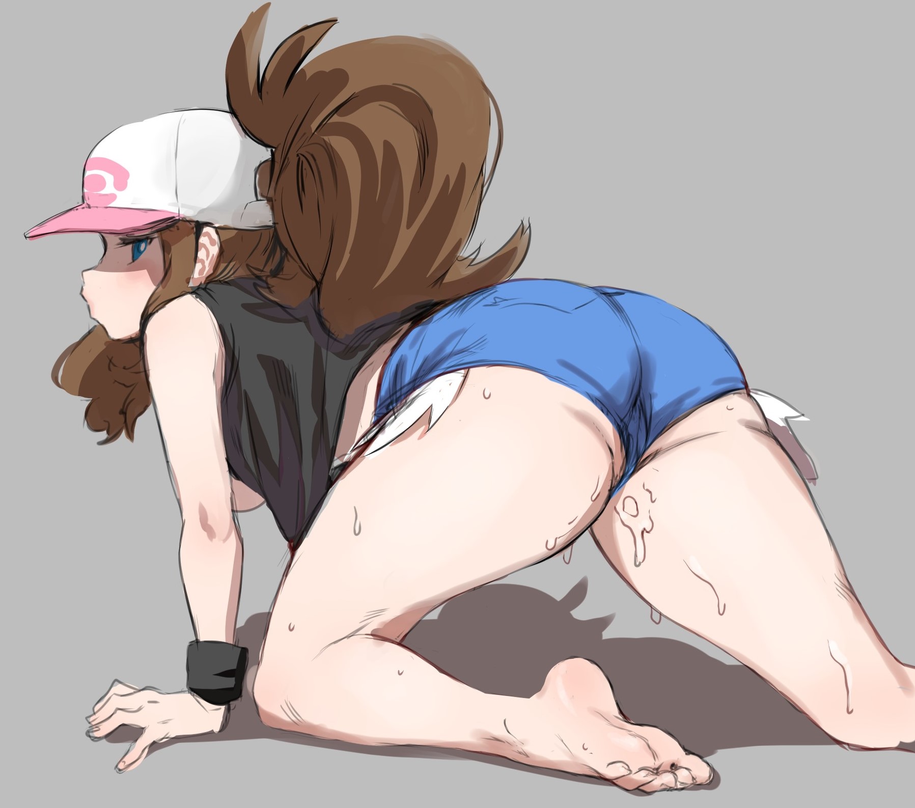 1girls, 2022, ass, awesomeerix, back view, bare legs, barefoot, blue eyes, booty shorts, brown hair, feet, female, female only, hilda (pokemon), jean shorts, large ass, light skin, light-skinned female, long hair, nintendo, pokemon, pokemon bw, short shorts, shorts, soles