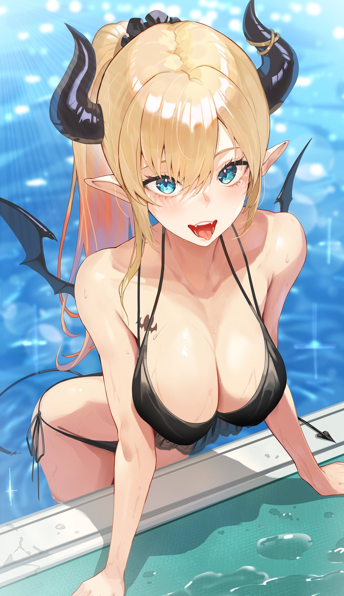 bangs bikini black_bikini blonde_hair blue_eyes blush breasts cleavage demon demon_girl demon_horns demon_tail demon_wings fangs female green_eyes highres hololive hololive_gen_2 hololive_japan horns kakage large_breasts long_hair looking_at_viewer open_mouth pointy_ears pool side-tie_bikini_bottom solo succubus swimsuit tail tongue tongue_out virtual_youtuber wading water wet wings yuzuki_choco