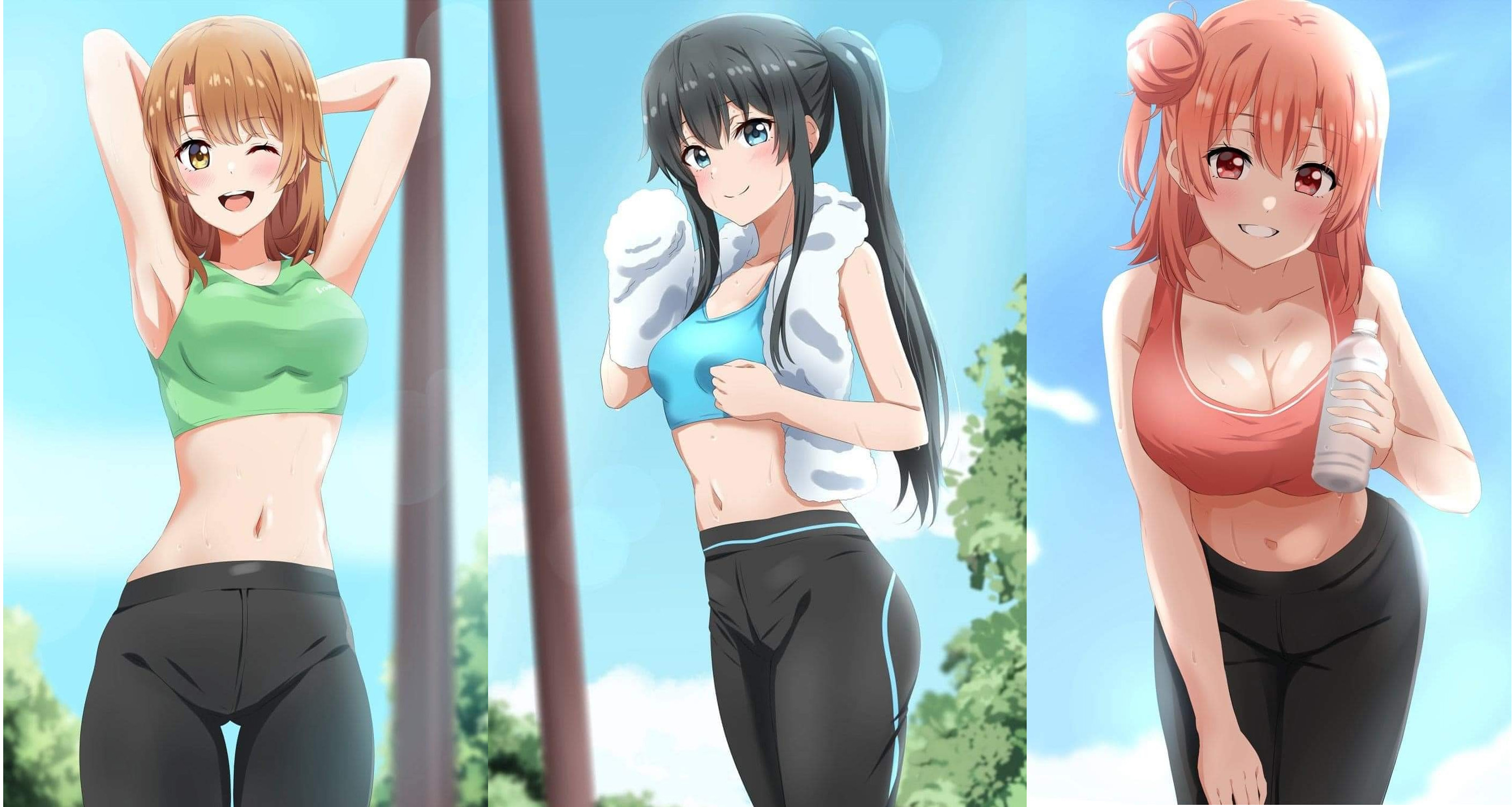 3girls, alluring, amber eyes, black hair, bottle, female, female only, gym clothes, isshiki iroha, multiple females, multiple girls, my teen romantic comedy snafu, orange hair, red eyes, sports bra, sportswear, water bottle, yuigahama yui, yukinoshita yukino