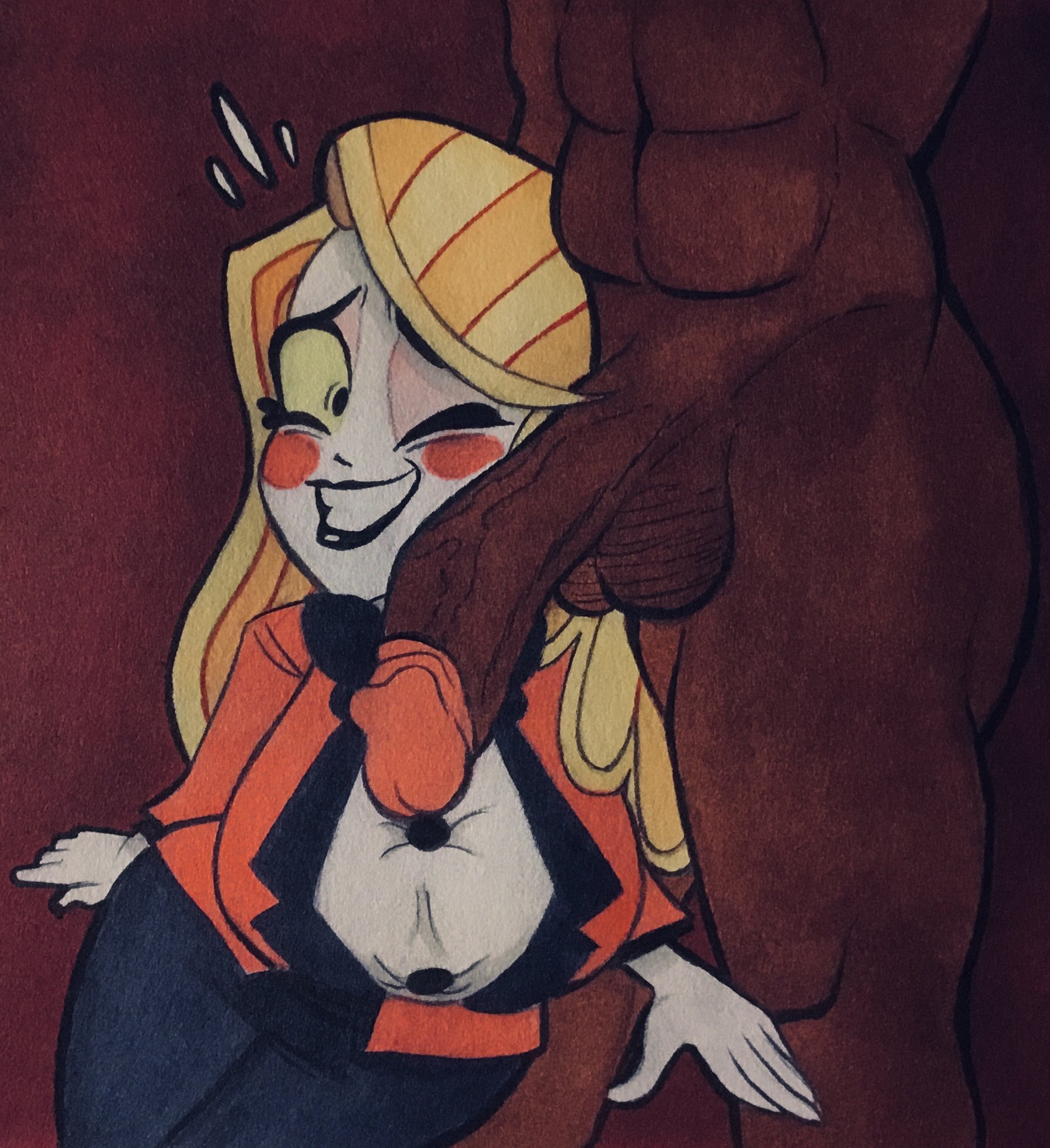 artist request, big penis, blonde hair, breasts, busty, charlie morningstar (hazbin hotel), dark skin, dark-skinned male, demon, demon girl, female, hazbin hotel, huge cock, human, humanoid, imminent sex, male, muscular, muscular male, nude male clothed female, partial male, penis, smooth skin, voluptuous, wide smile