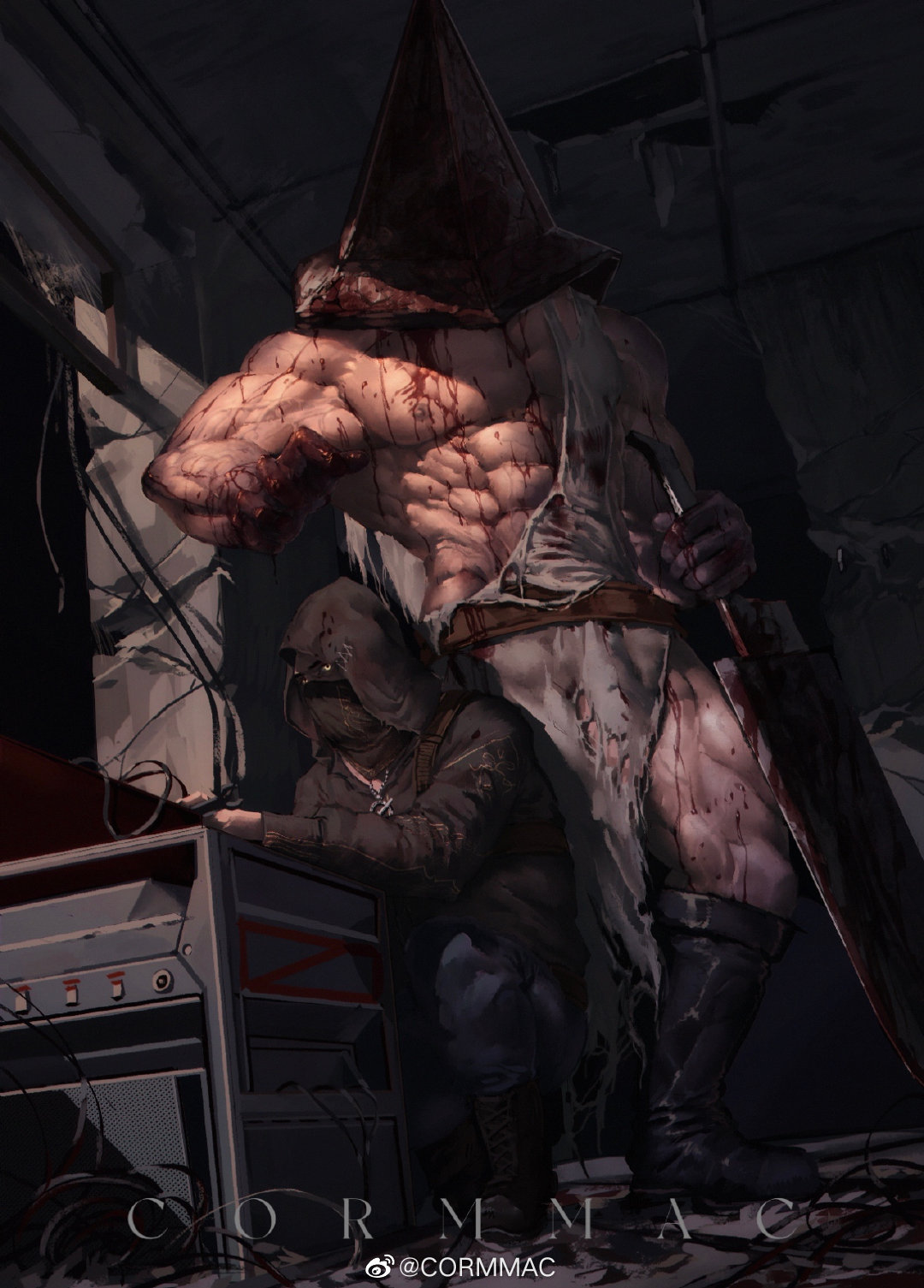 2boys abs adios apron bara big_pecs blood blood_stain detailed detailed_background full_body goes_hard helmet horror humanoid male male_only muscular muscular_male pecs pyramid_head silent_hill silent_hill_2 torn_clothes veiny_muscles weapon