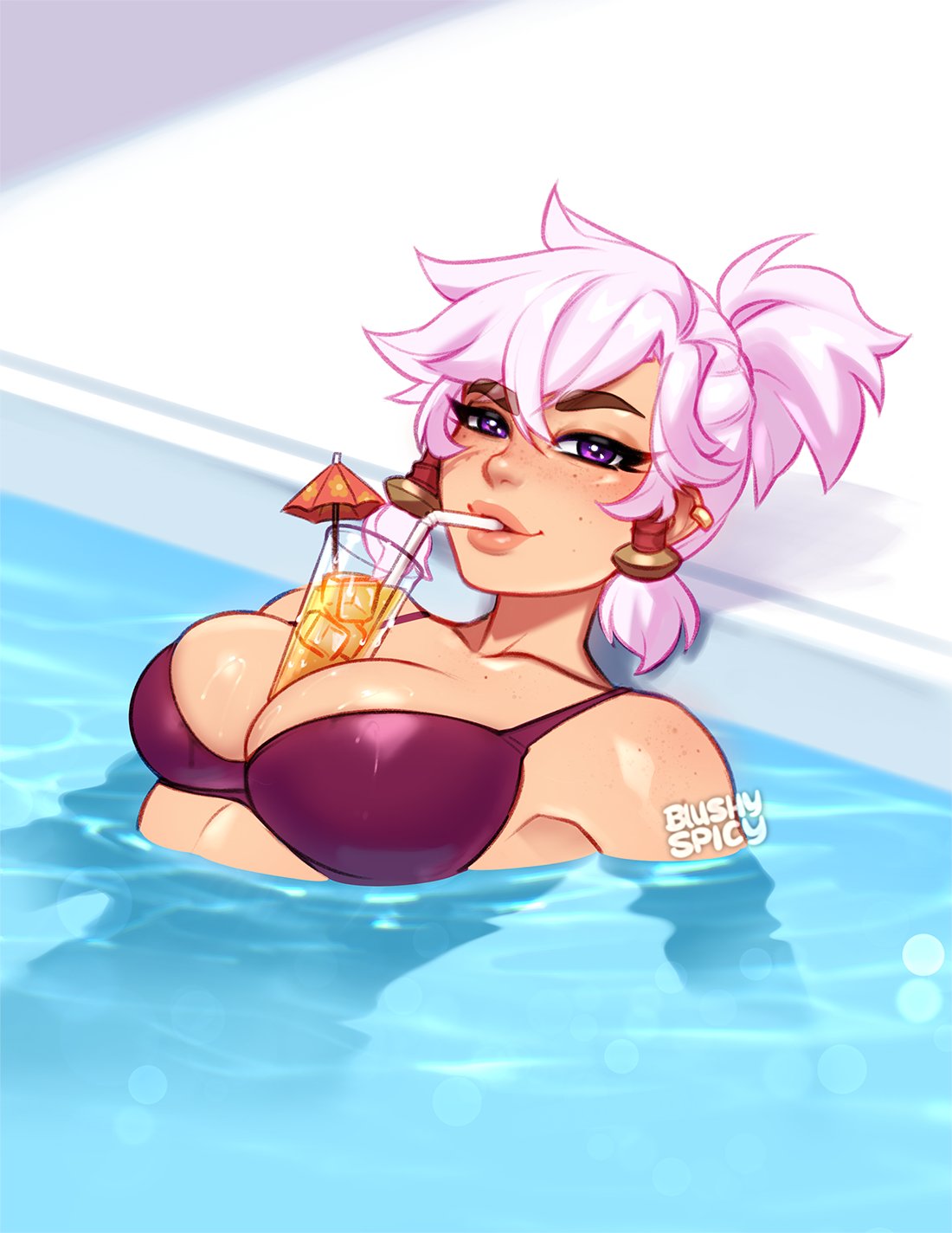 2d 2d_(artwork) big_breasts bikini bikini_bottom bikini_top blush blushypixy blushyspicy bra breasts bubble_tea_challenge clothed cocktail_umbrella drinking earrings eyebrows_visible_through_hair freckles in_pool kaye_(blushypixy) kaye_(blushyspicy) looking_at_viewer oc original original_character pink_hair pool purple_eyes purple_hair spicy_quest straw tomboy white_hair