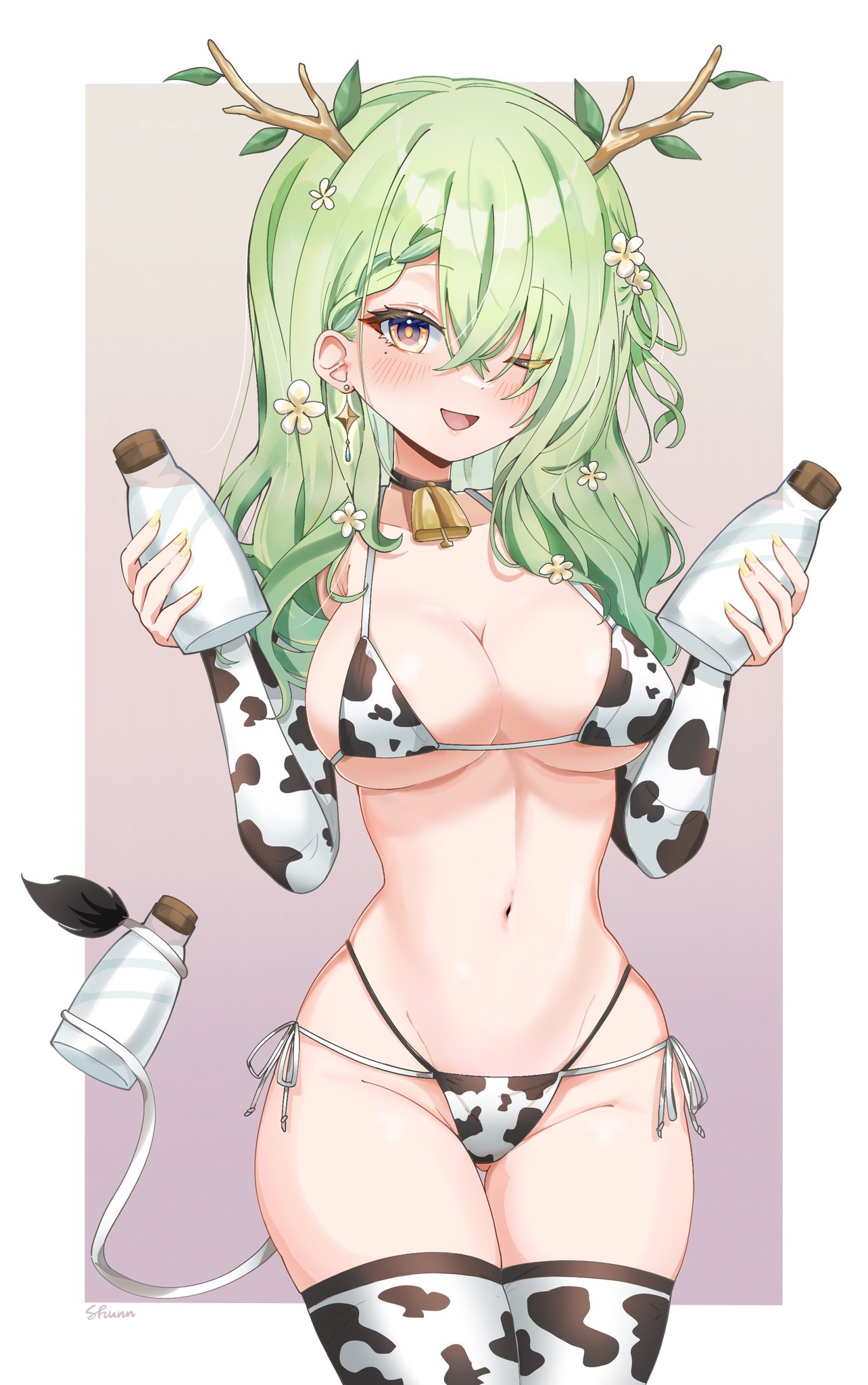 beauty mark, bell collar, bikini, bikini bottom, bikini top, ceres fauna, cow print, cow tail, cowbell, earring, female, flowers in hair, green hair, hair over one eye, hololive, hololive english, hololive english -council-, hololive english -promise-, horns, long gloves, milk bottle, nail polish, simple background, single braid, thighhighs, virtual youtuber, wink, winking at viewer, yellow eyes
