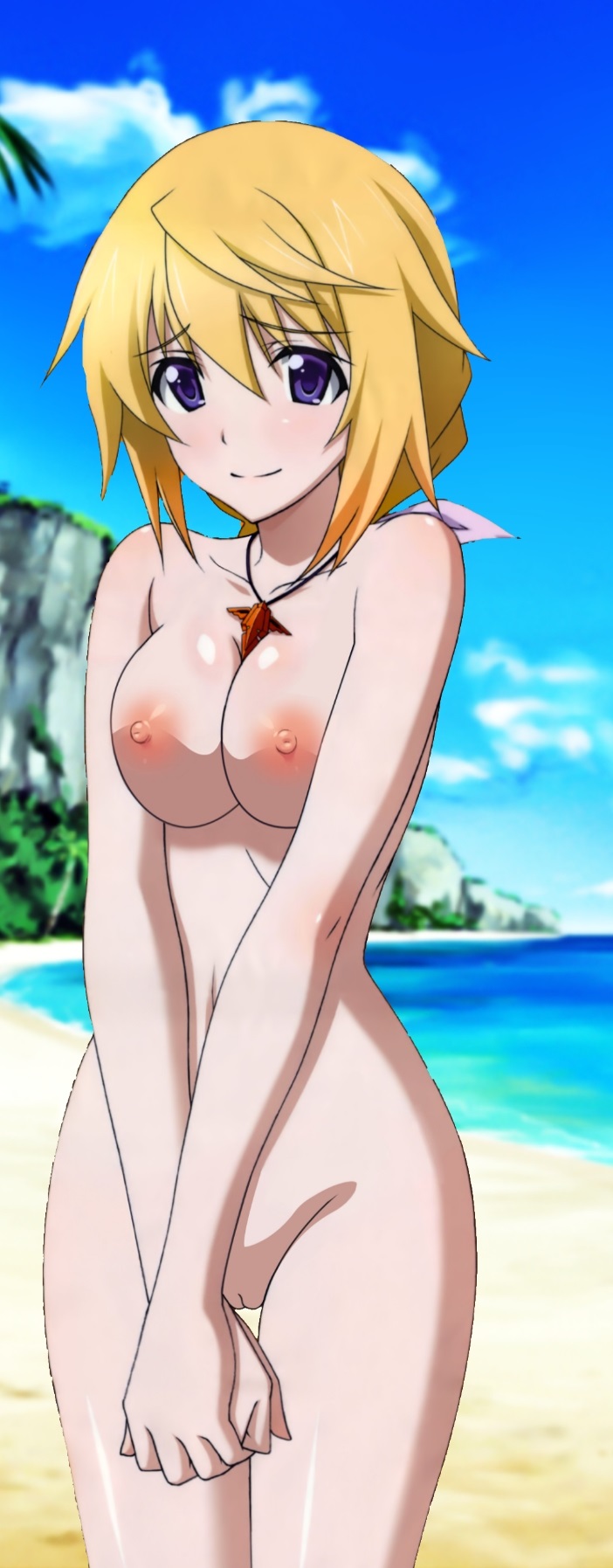 1girls beach blonde_hair breasts charlotte_dunois eversman infinite_stratos nude nude_female ocean purple_eyes