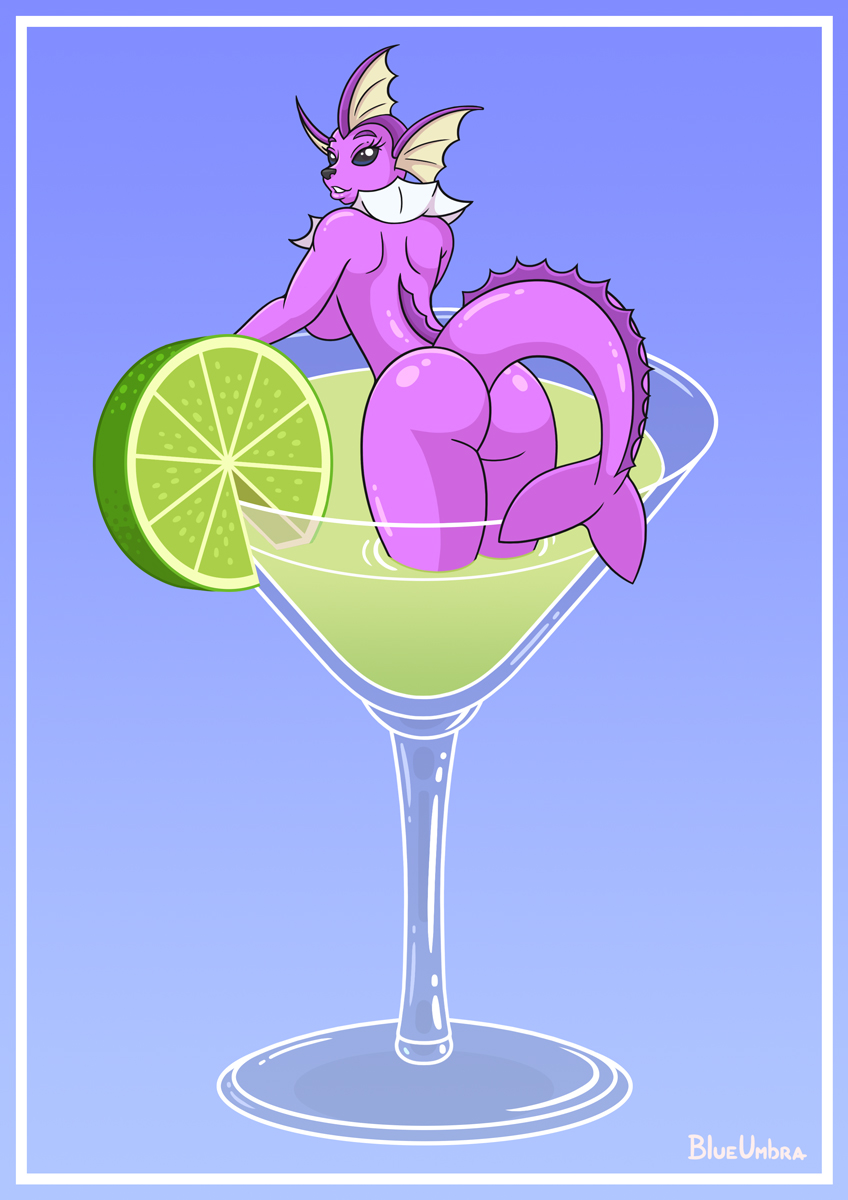 alcohol anthro ass beverage black_sclera blue_background blueumbra breasts cocktail cocktail_glass container cup drinking_glass eeveelution female fin food fruit generation_1_pokemon glass glass_container glass_cup glistening glistening_body gradient_background hi_res humanoid lemon light lime looking_at_viewer looking_back nintendo plant pokemon pokemon_(species) pokemon_only purple_body purple_skin raised_tail rear_view signature simple_background smile smiling_at_viewer snout solo vaporeon video_games