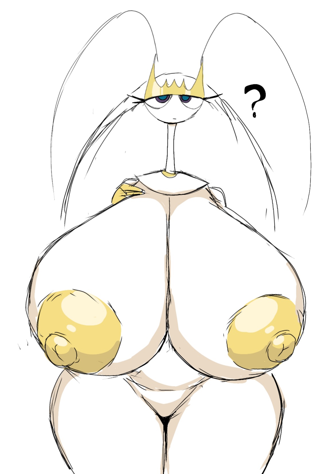 ?, 1girls, big breasts, breasts, confused, confused look, confusion, female, gigantic breasts, huge breasts, momiji (artist), pheromosa, pokemon, pokemon (species), pokemon sm, thick thighs, ultra beast, venus body, yellow nipples