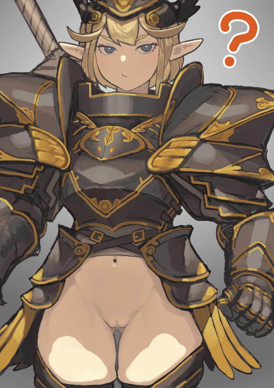 ? armor ass_visible_through_thighs black_armor black_thighhighs blonde_hair blue_eyes breastplate brown_pubic_hair censored closed_mouth elf eyelashes female gauntlets greaves grey_background grey_pupils hamama2 helmet highres knight long_eyelashes looking_at_viewer mosaic_censoring navel original outline pauldrons pointy_ears pussy short_hair shoulder_armor simple_background skindentation solo sword sword_on_back thigh_gap thighhighs vambraces weapon weapon_on_back white_outline