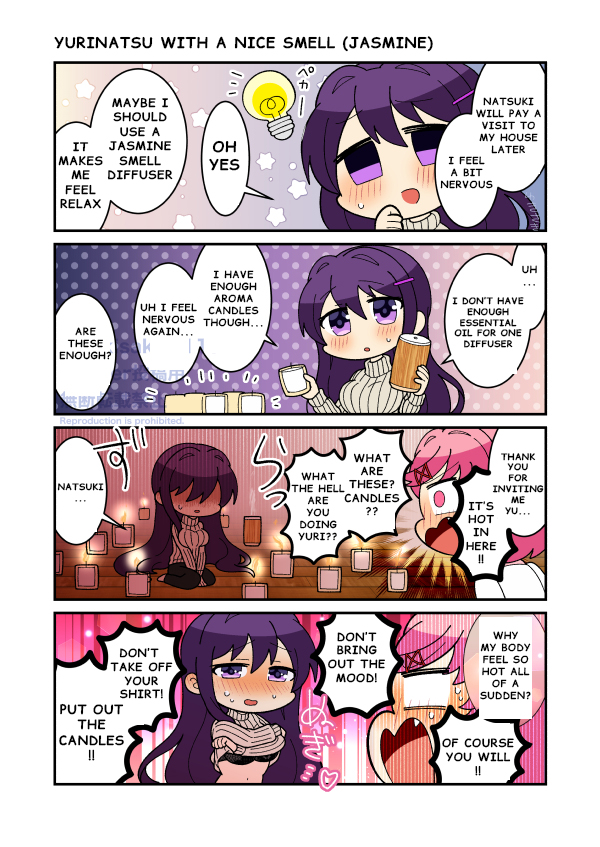 2girls black_bra blush bra candles doki_doki_literature_club duo embarrassed english_text female female_only fire gray_turtleneck_sweater idea lifting_shirt lightbulb lit_candle lit_candles multiple_girls natsuki_(doki_doki_literature_club) open_mouth pink_eyes pink_hair purple_eyes purple_hair shirt shirt_lift shirt_lifted_by_self sitting suprised suprised_look sweat sweating sweating_profusely text text_bubble translated turtleneck turtleneck_sweater undressing white_shirt yukisaki_(artist) yukisaki_1117 yuri_(doki_doki_literature_club)