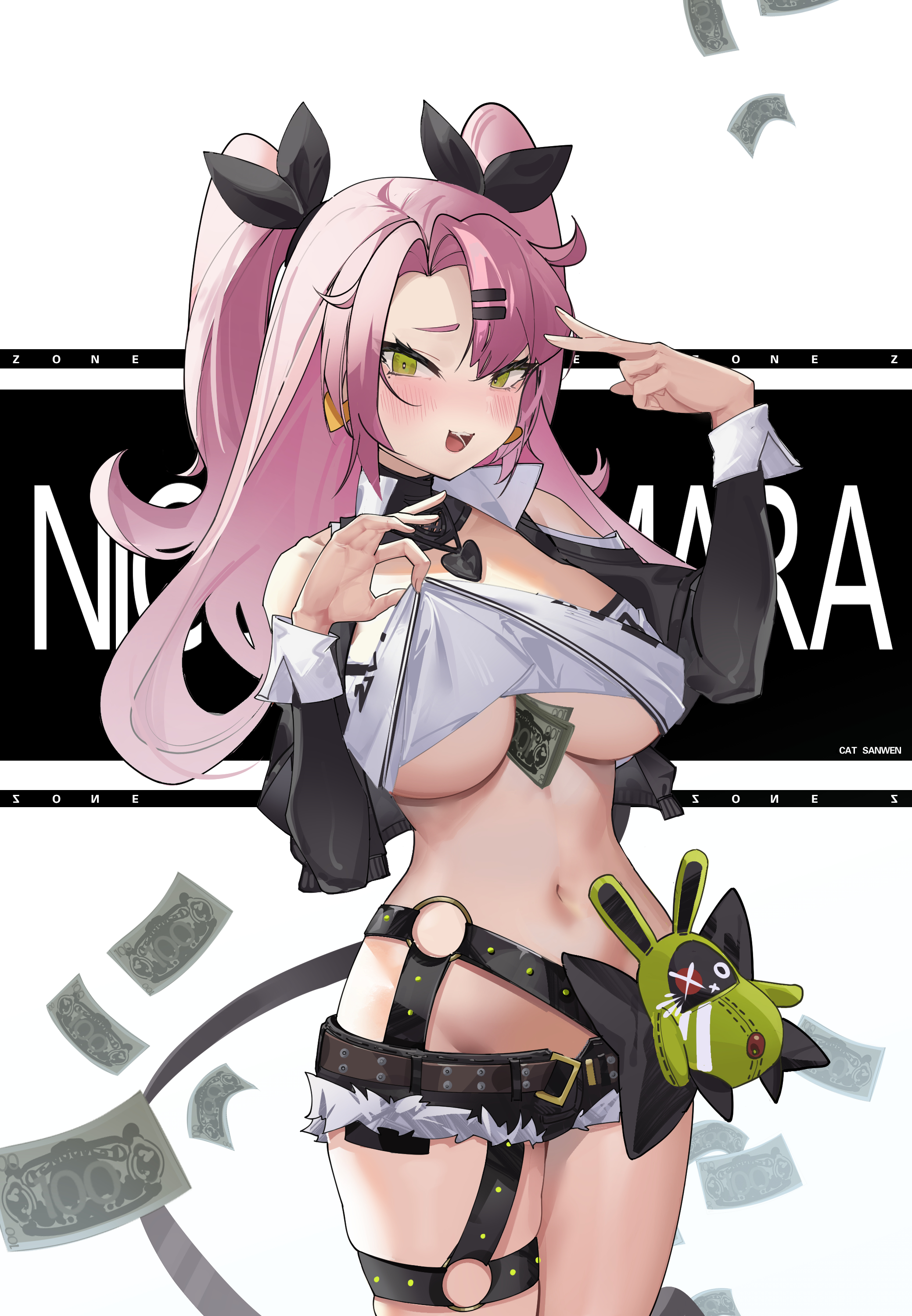 1girls, big breasts, bills, black ribbon, bow, breasts, character name, clothing, crop top, crop top lift, female, female only, fur-trimmed shorts, green eyes, hair ornament, hair ribbon, hair ribbons, hairbow, heart, high resolution, large breasts, long hair, looking at viewer, mole, mole on breast, mole under eye, money, nicole demara, pink hair, ribbon, ribbons, shirt lift, short shorts, shorts, shulanshu, solo, thighhighs, tied hair, top lift, twintails, underboob, very high resolution, zenless zone zero