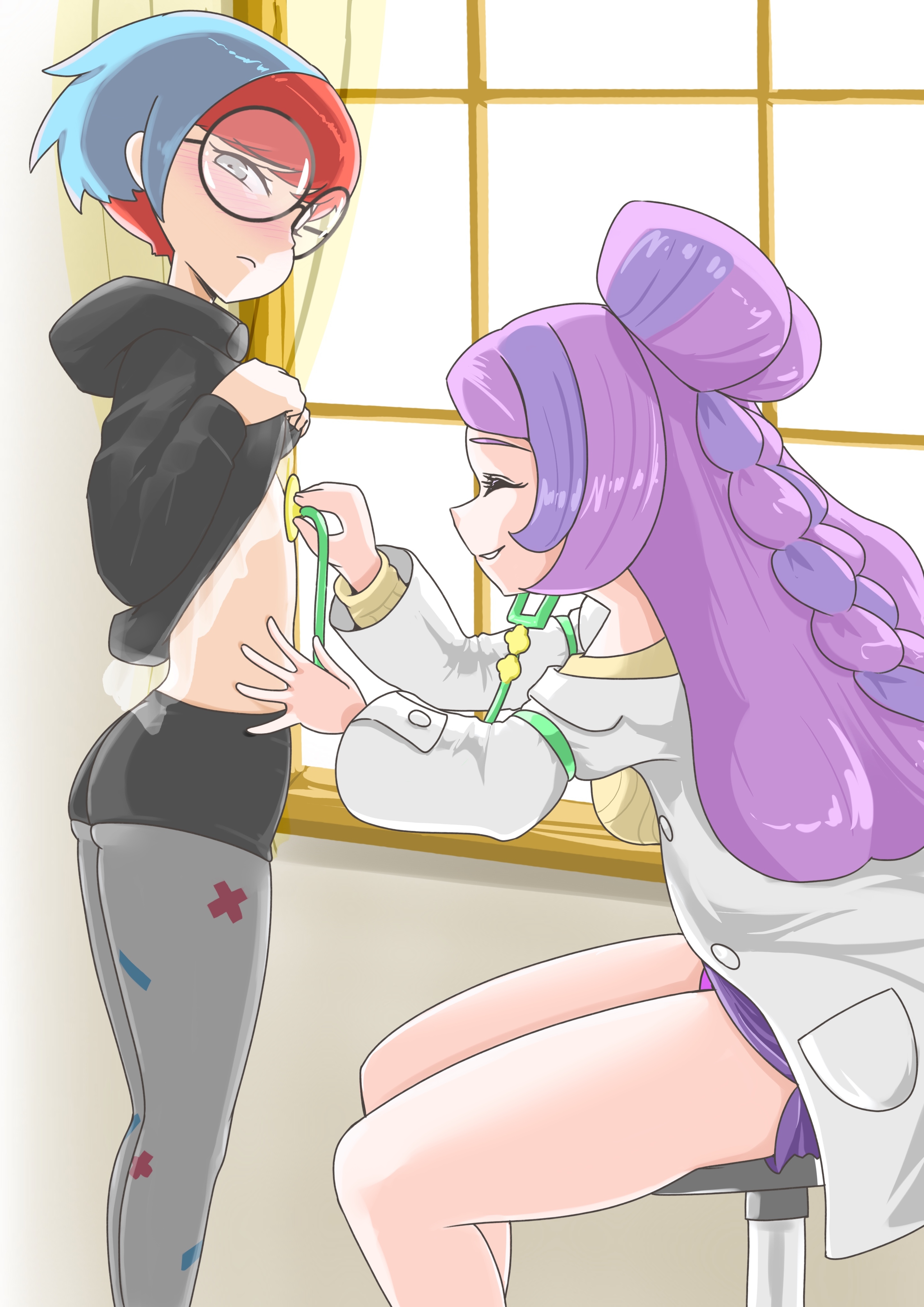 2girls, breasts, doctor, embarrassed, examination, female, female only, glasses, human, human only, microsd (artist), miriam (pokemon), multicolored hair, multiple females, multiple girls, nintendo, nurse, penny (pokemon), pokemon, pokemon sv, shirt lift, small breasts, two-tone hair