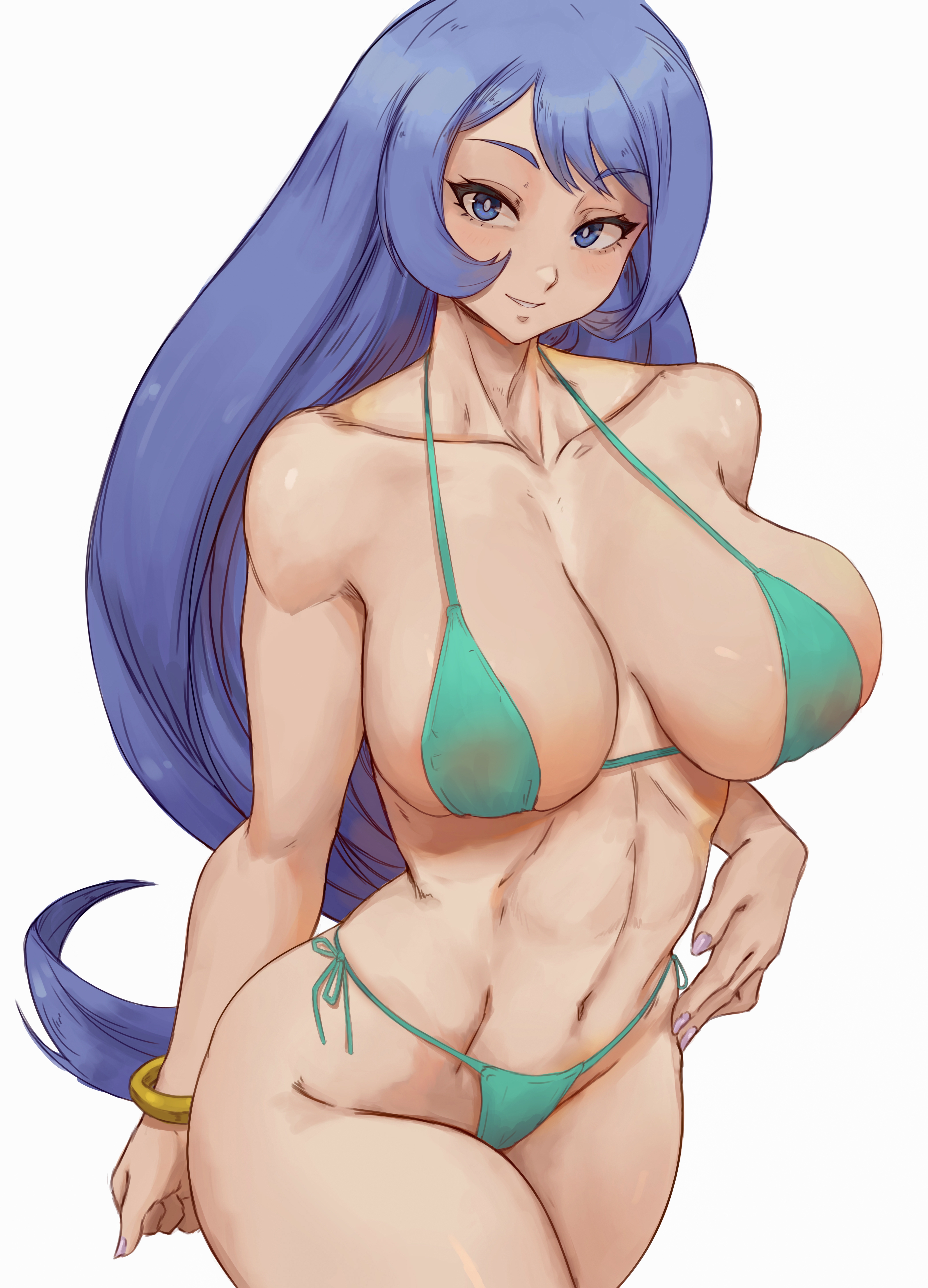 1girls, absurd res, athletic, bikini, bikini bottom, bikini top, blue eyes, blue hair, blue-haired female, breasts, cutesexyrobutts (style), eyelashes, female, female focus, female only, fit, fit female, lesottart, light skin, light-skinned female, long hair, looking at viewer, my hero academia, navel, nejire hado, pale skin, pale-skinned female, simple background, solo, solo female, solo focus, thick thighs, toned, toned belly, toned body, toned female, toned stomach, wide hips