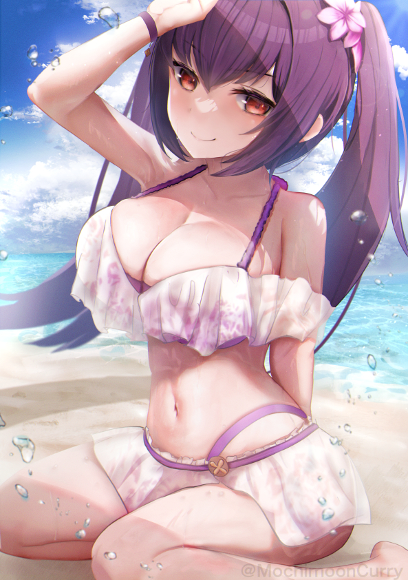 1girls 2022 beach bikini breasts fate/grand_order fate_(series) female female_only huge_breasts long_hair looking_at_viewer mochimooncurry mochitsuki_karen naughty_face outdoors purple_hair red_eyes scathach_(fate) scathach_skadi scathach_skadi_(swimsuit_ruler)_(fate) smile suggestive_look twintails