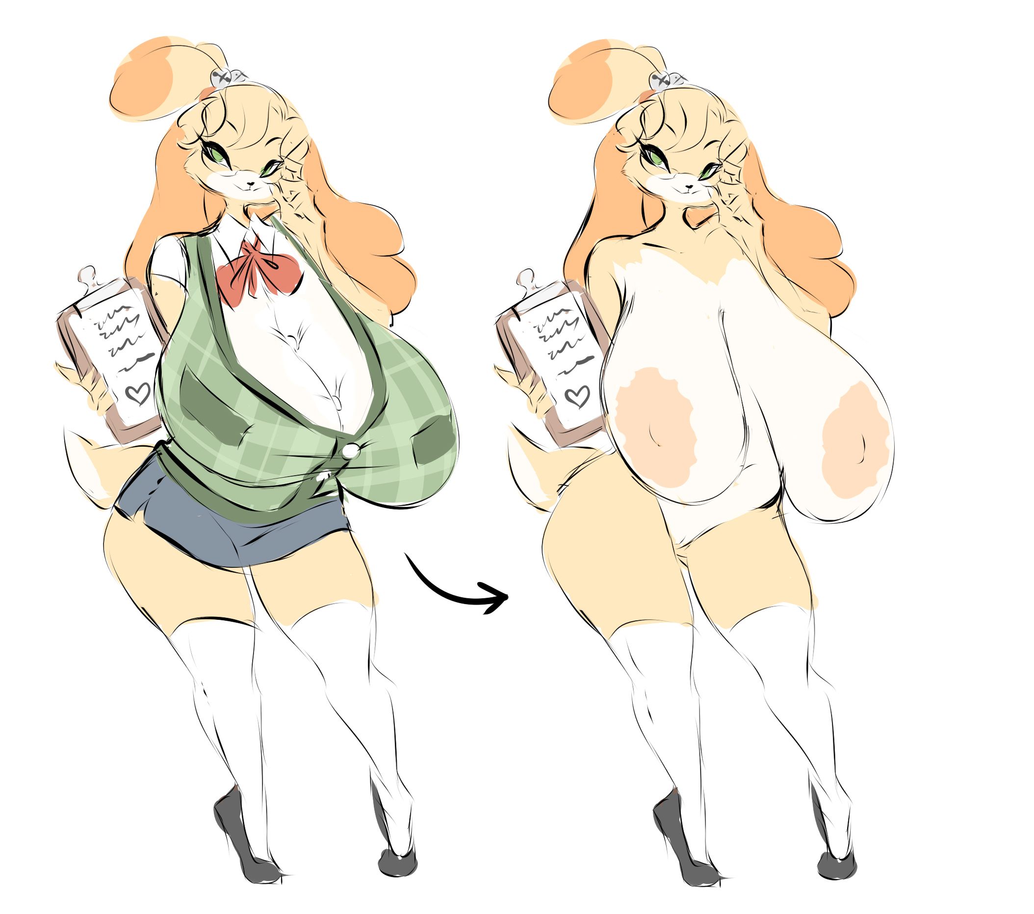 2022, 2d, animal crossing, anthro, big breasts, breasts, dullvivid, female, glasses, huge breasts, isabelle (animal crossing), nintendo, nipples, office lady, pussy, tagme