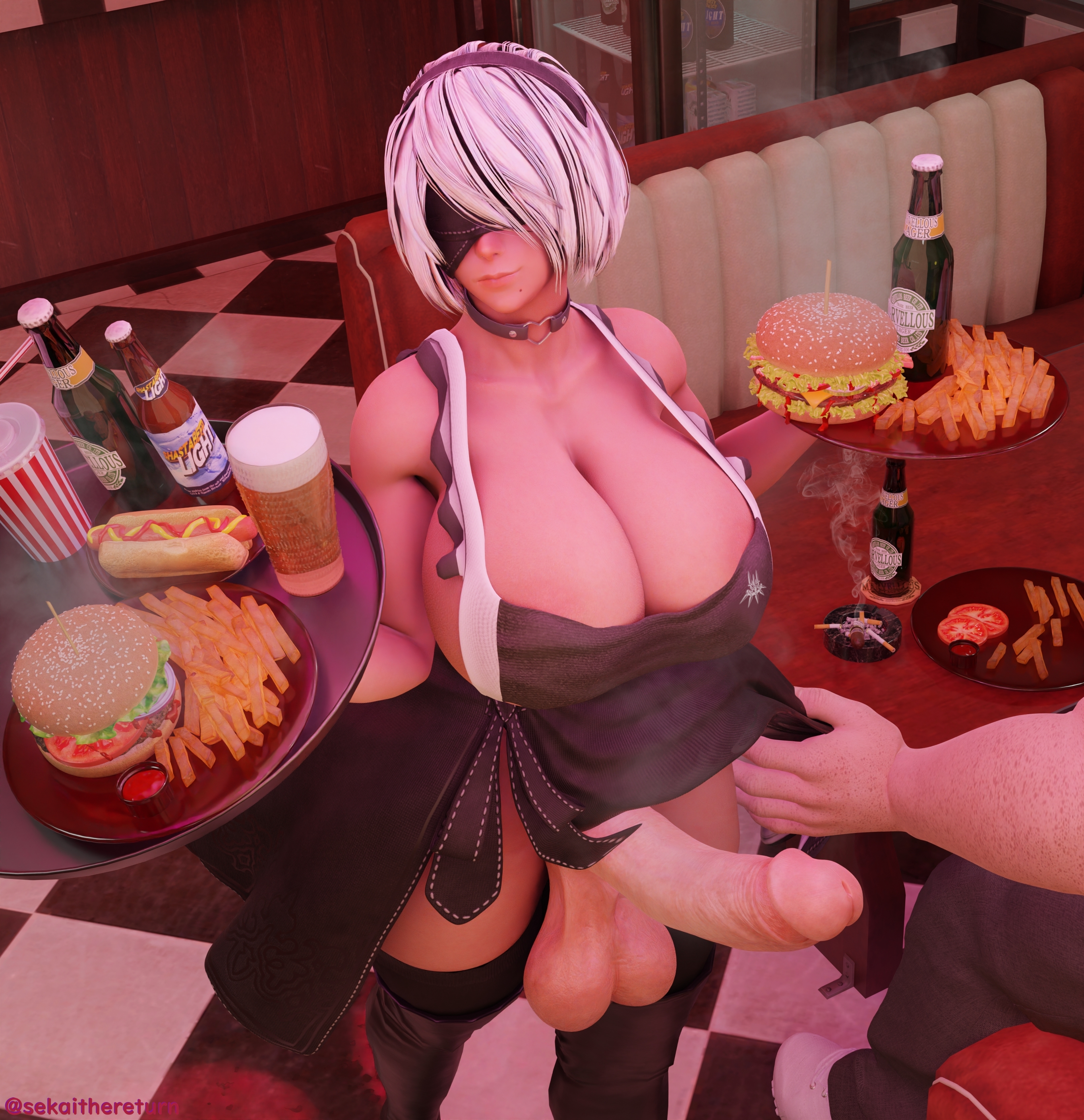 1boy, 1futa, 3d, balls, big balls, big breasts, big penis, blindfold, breasts, breasts bigger than head, erect penis, erection, futa focus, futanari, hairband, huge balls, huge breasts, huge cock, hyper, hyper breasts, hyper penis, intersex, light skin, light-skinned futa, male, nier, nier: automata, penis, penis under clothes, sekaithereturn, short hair, standing, testicles, thighhighs, waiter, white hair, yorha 2b