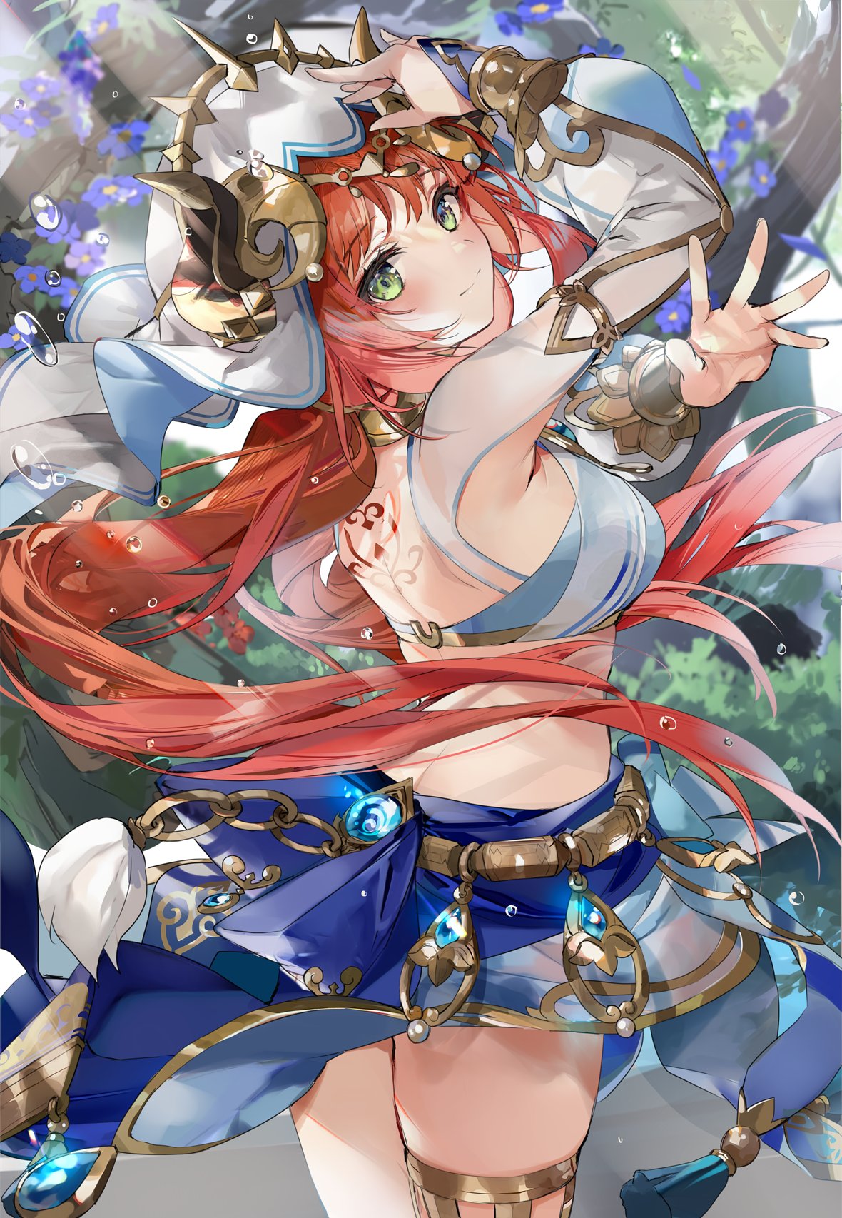 armlet armpits arms_up ass_cleavage back_tattoo bangs blue_skirt blush bracelet breasts brooch butt_crack curvy dancing female genshin_impact gold_jewelry green_eyes hair_ornament highres hinahino horns hourglass_figure jewelry long_hair long_sleeves looking_at_viewer looking_back medium_breasts neck_ring nilou_(genshin_impact) no_sex persian_clothing persian_dance persian_female puffy_long_sleeves puffy_sleeves red_hair red_tattoo sash sidelocks skirt smile solo tattoo tattoo_on_back thighlet thighs veil video_games voluptuous