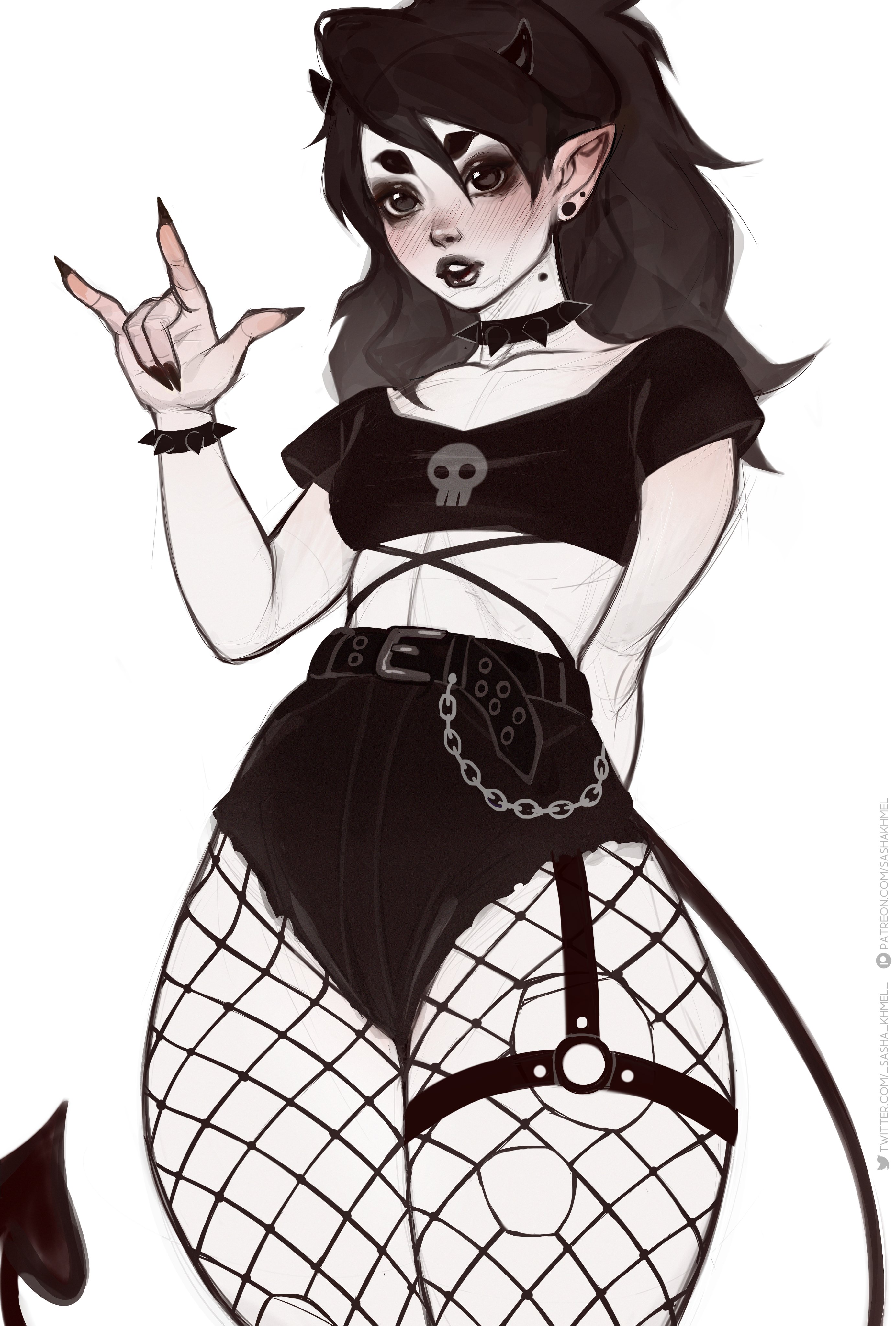 1girls, absurd res, black fingernails, black hair, black lipstick, blush, breasts, clothing, demon, demon girl, demon horns, demon tail, female, fishnet pantyhose, fishnets, gigi (sasha khmel), goth, heavy blush, horns, long hair, original, pointy ears, sasha khmel, sharp fingernails, sketch, small breasts, solo, spiked bracelet, spiked collar, tail, thick eyebrows, white background, wide hips