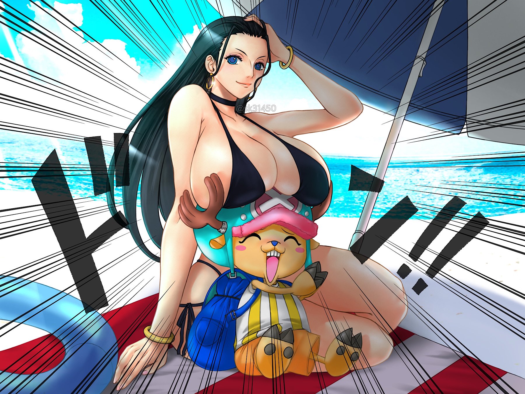 !!, 1boy, 1girls, beach, bikini, black hair, blue eyes, blush, bra, bracelet, breast smother, breasts, breasts on head, closed eyes, clothed, clothing, earrings, eyes closed, female, hand on ground, hand on head, hat, horn, huge breasts, larger female, long hair, looking at viewer, male, nico robin, one piece, outdoors, post-timeskip, reindeer, reindeer antlers, reindeer humanoid, shounen jump, sitting, size difference, sk (sk-g), smaller male, taller female, tony tony chopper, umbrella, water, watermark