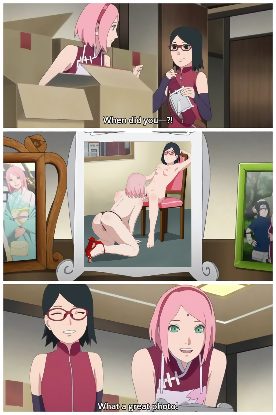 2girls age_difference back_to_viewer bad_parenting black_eyes black_hair boruto:_naruto_next_generations cunnilingus edited english_text eyes_closed female female_only glasses green_eyes incest kneeling mother_and_daughter multiple_girls naruto naruto_(series) oral partially_clothed pink_hair sakura_haruno sarada_uchiha small_breasts young yuri