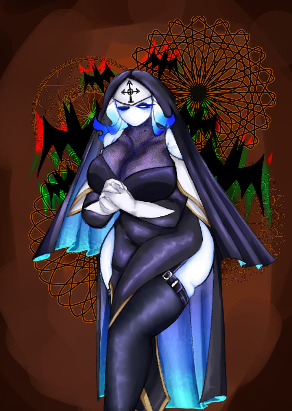 amora_(samuffffu) bat big_breasts elemental_humanoid nun nun_outfit one_eye_closed praying samuffffu25 thick_thighs wide_hips