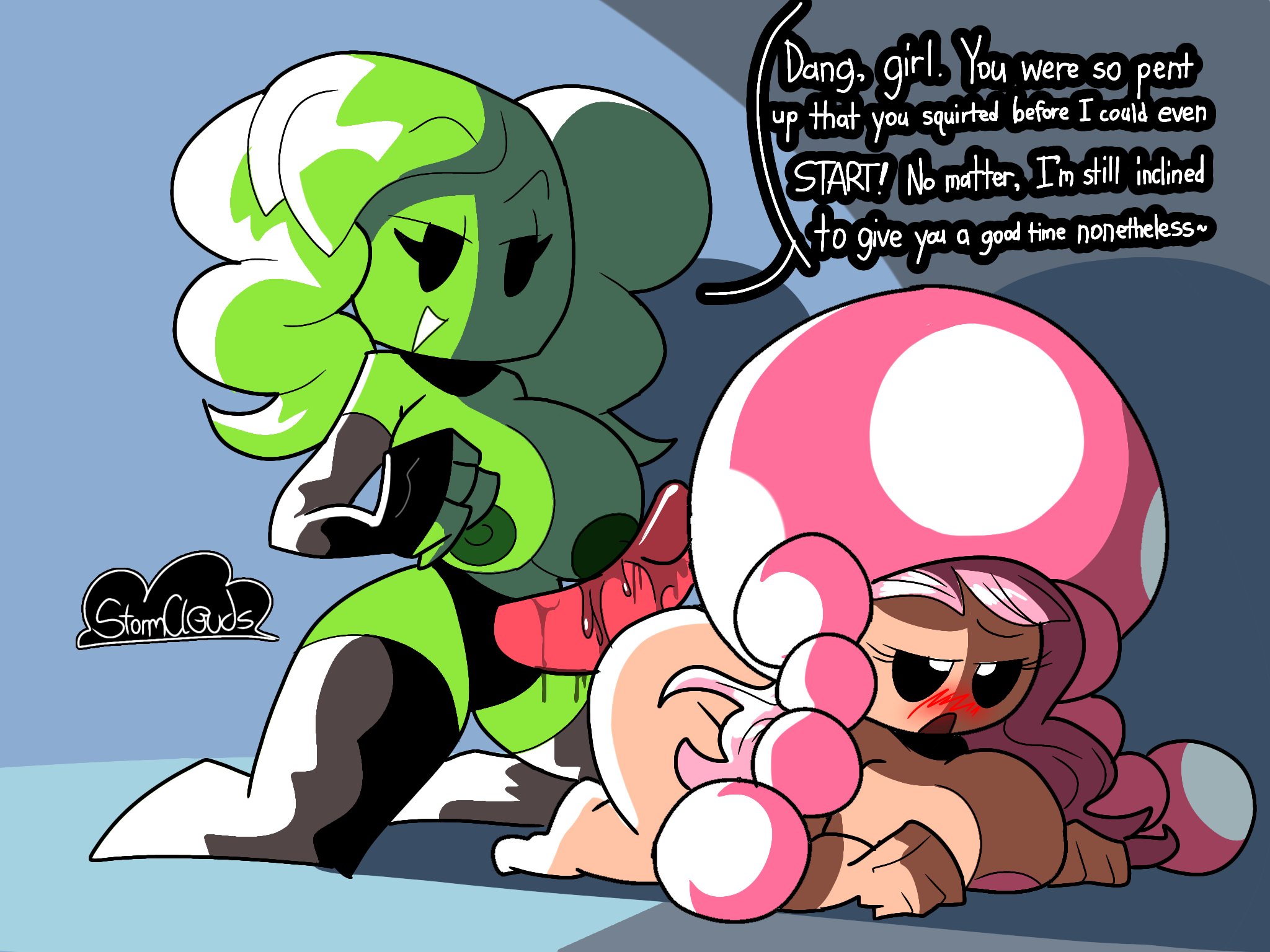 2d, 2girls, barefoot, big breasts, big thighs, black eyes, black gloves, black stockings, black thighhighs, blush, breasts, dialogue, duo, elbow gloves, eyebrows visible through hair, eyes, female, female only, gloves, green body, green hair, green nipples, green skin, green-skinned female, half-closed eyes, light skin, light-skinned female, mario (series), mimi (super paper mario), mob face, multiple females, multiple girls, mushroom, naked, nintendo, nipples, no nose, nude, open eyes, open mouth, paper mario, pink hair, pink nipples, sex toy, shortstack, simple background, smile, stockings, stormcloudsart, strap-on, strapon, super paper mario, text, thick, thick hips, thick thighs, thighhighs, toadette, twintails, wide hips, yuri