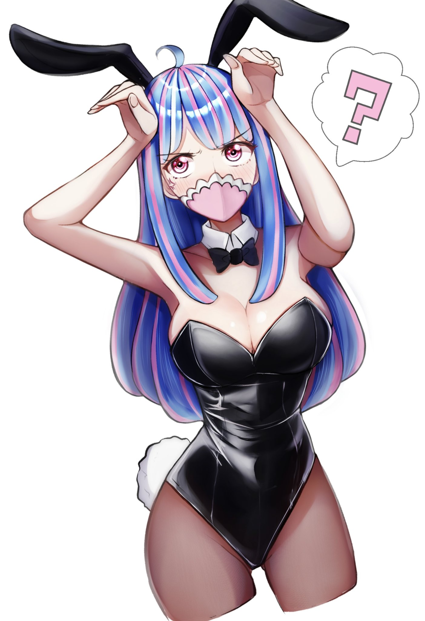 1girls arms_up big_breasts blue_hair breasts bunny_ears bunnysuit cleavage curvy face_mask female female_only kasumi6_ latex mask narrow_waist one_piece pantyhose pink_hair question_mark skindentation solo thighs two_tone_hair ulti_(one_piece) wide_hips