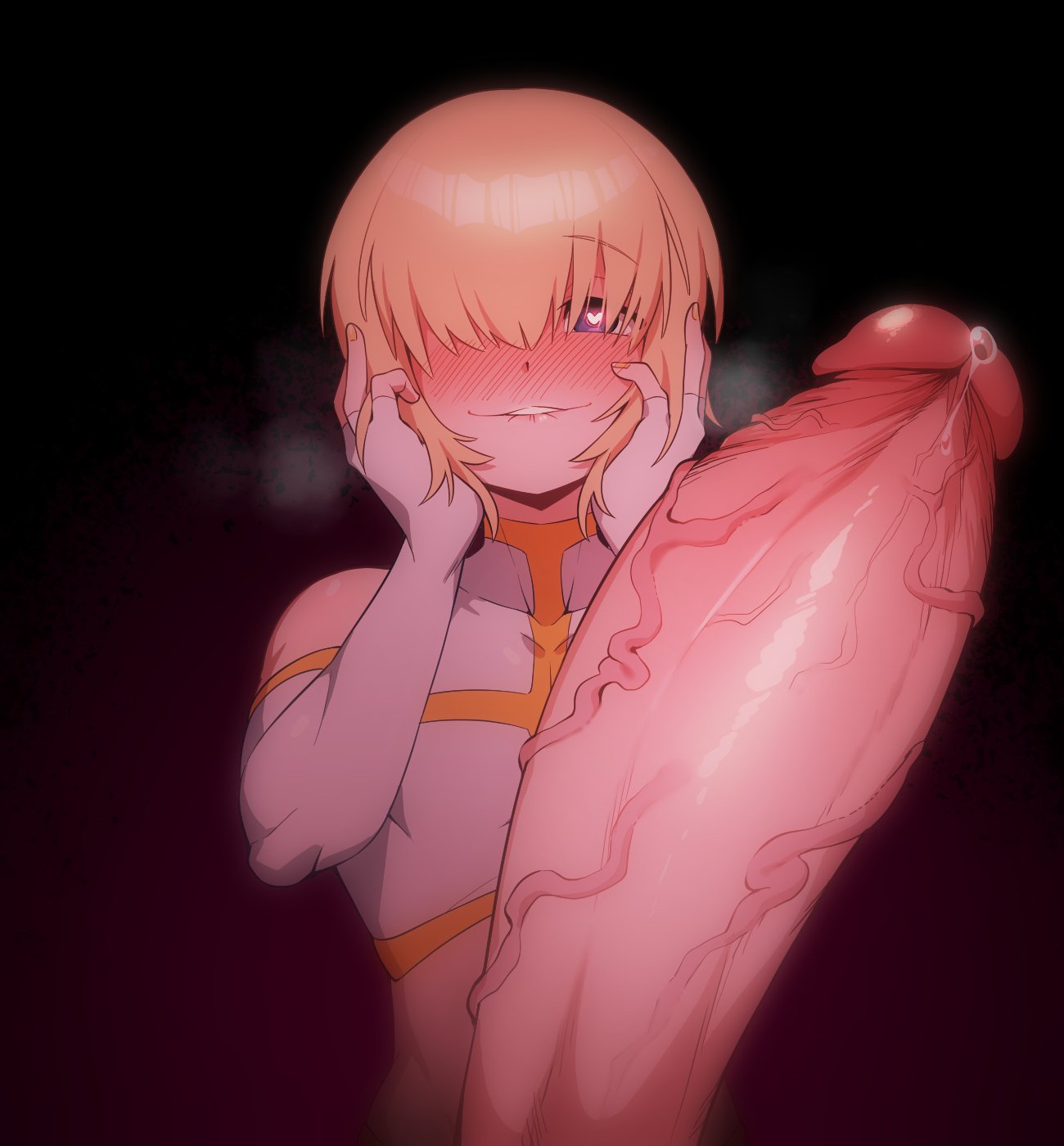 1boy ain(in) angel blonde_hair blue_eyes blush elbow_gloves femboy fingerless_gloves gigantic_penis gloves hair_over_one_eye hand_on_own_face heart heart-shaped_pupils heavy_breathing highres huge_cock hung_trap in_(ain) korean_commentary lip_biting male male_only nose_blush original otoko_no_ko penis precum precum_drip short_hair smile symbol-shaped_pupils veins veiny_penis white_gloves