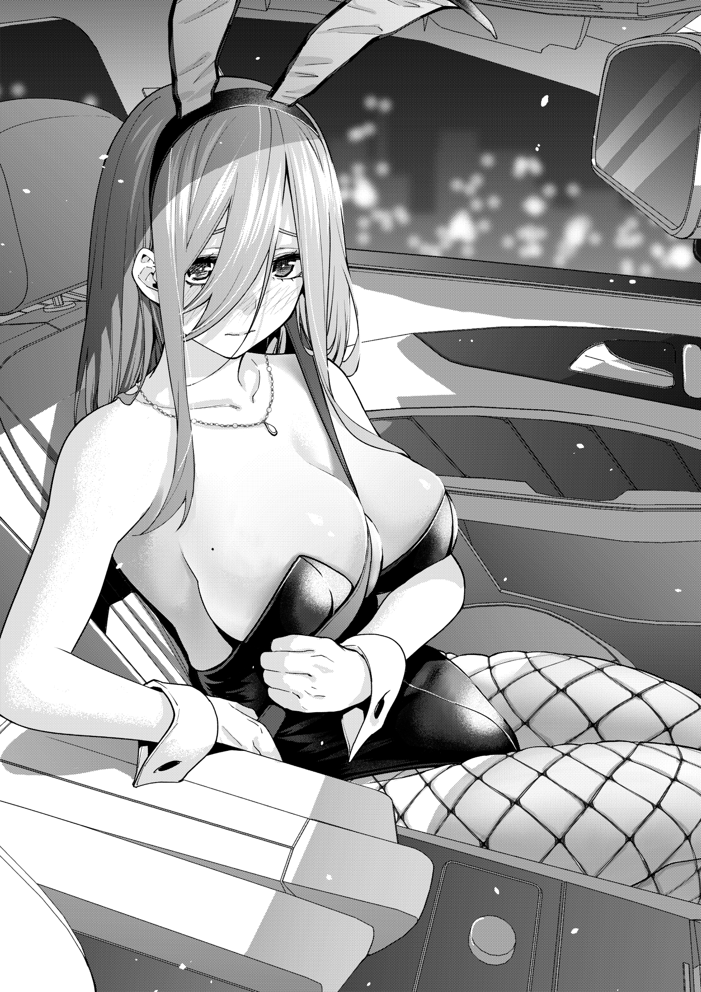 1girls, animal ears, bangs, bare shoulders, between breasts, blush, breasts, car, cityscape, cleavage, closed mouth, collarbone, embarrassed, fake animal ears, female, fishnet pantyhose, fishnets, go-toubun no hanayome, greyscale, ground vehicle, hair between eyes, highres, huge breasts, jewelry, kosmos beta, large breasts, leotard, long hair, looking at viewer, mole, mole on breast, monochrome, motor vehicle, nakano miku, necklace, night, pantyhose, playboy bunny, rabbit ears, revealing clothes, shy, sitting, skindentation, smile, solo, strapless, strapless leotard, thick thighs, thighs, vehicle, vehicle interior, wrist cuffs