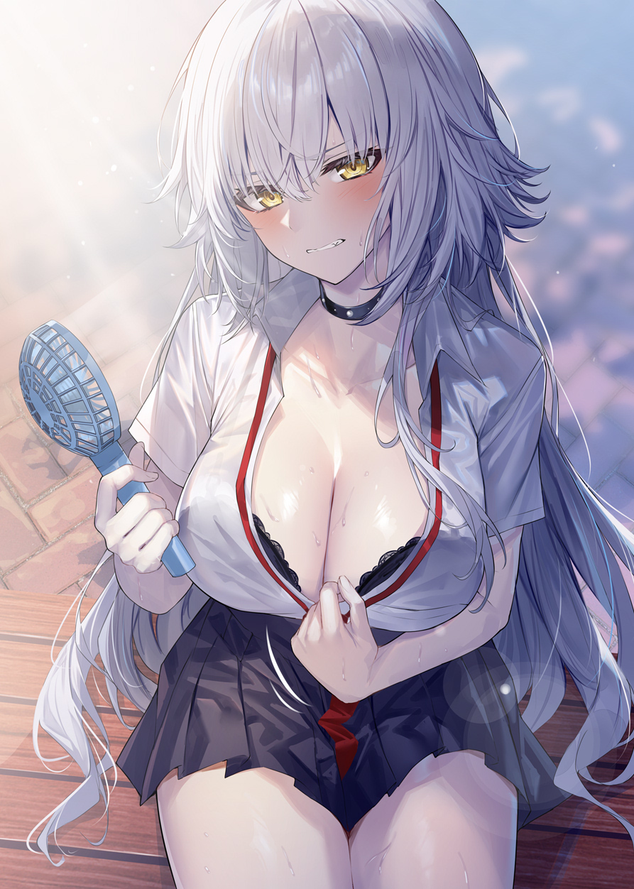 1girls, 2022, artist request, blush, bra, breasts, cleavage, embarrassed, fate (series), fate/grand order, female, female only, hips, huge breasts, jeanne alter, light skin, light-skinned female, long hair, looking at viewer, pale skin, pale-skinned female, school uniform, schoolgirl, short skirt, skirt, sweat, sweaty body, sweaty breasts, thick thighs, thighs, white hair, wide hips, yellow eyes