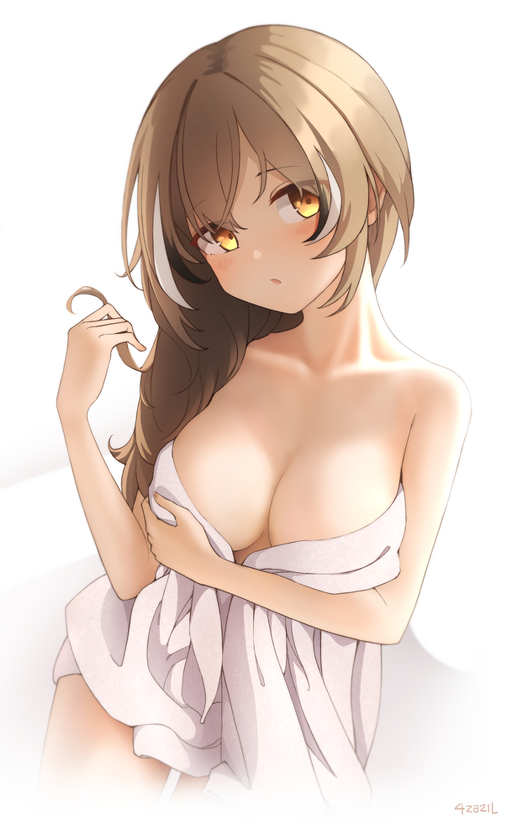:o, breasts, brown hair, female, hololive, hololive english, hololive english -council-, hololive english -promise-, large breasts, long hair, multicolored hair, nanashi mumei, towel, virtual youtuber, yellow eyes