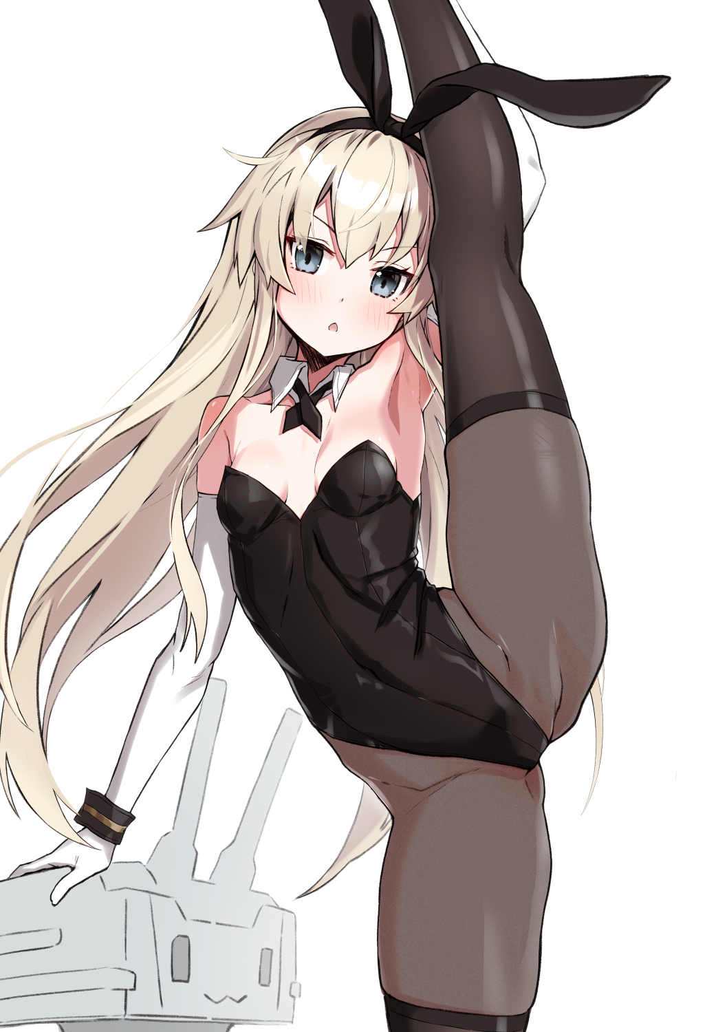 1girls alternate_eye_color animal_ears armpits black_leotard black_pantyhose blonde_hair blush breasts chestnut_mouth collarbone detached_collar elbow_gloves fake_animal_ears female gloves grey_eyes hair_between_eyes highres kantai_collection leotard long_hair looking_at_viewer open_mouth pantyhose playboy_bunny rabbit_ears rensouhou-chan shimakaze_(kantai_collection) simple_background small_breasts solo split standing standing_on_one_leg standing_split takanashi_kei_(hitsujikan) white_background white_gloves