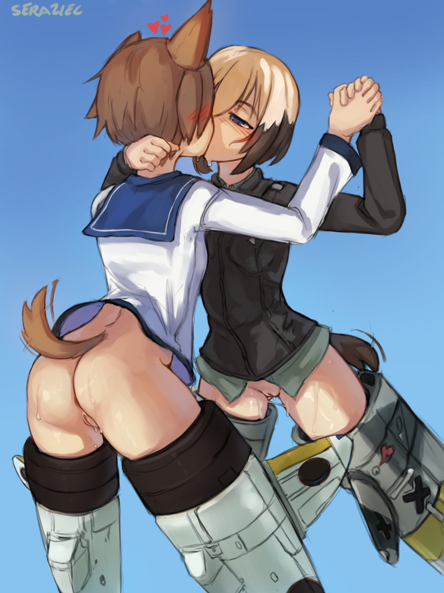 2girls animal_ears anus artist_name ass black_hair black_shirt blue_background blue_eyes blush bodily_fluids bottomless breasts brown_hair clothed clothing commentary cowboy_shot dog_ears dog_girl dog_tail duo english_commentary erica_hartmann female female/female genitals hair half-closed_eyes heart hi_res highres holding_hands humanoid kissing light_skin long_sleeves miyafuji_yoshika multicolored_hair multiple_girls no_panties no_pants partially_clothed pussy seraziel shirt short_hair simple_background small_breasts standing streaked_hair strike_witches striker_unit sweat tail uncensored white_shirt world_witches_series yuri