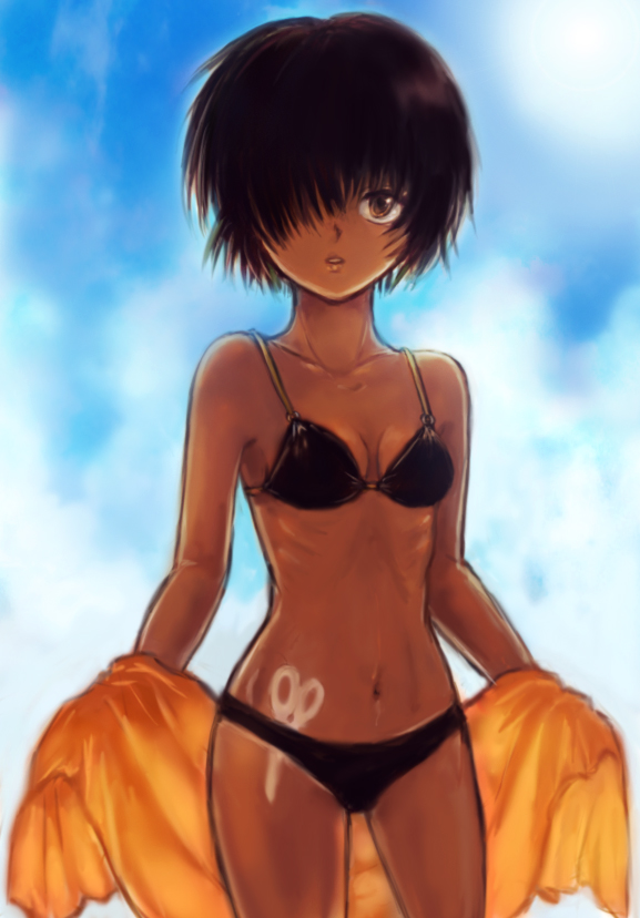 2013 bangs bikini black_bikini black_hair black_swimsuit breasts brown_eyes cloud color cowboy_shot dark_skin day digital_media_(artwork) female hair_over_one_eye lowres navel nazo_no_kanojo_x one_eye_covered ribs shawl short_hair sky small_breasts solo sun_tattoo swimsuit tanlines tanned tokiwa_osamu urabe_mikoto