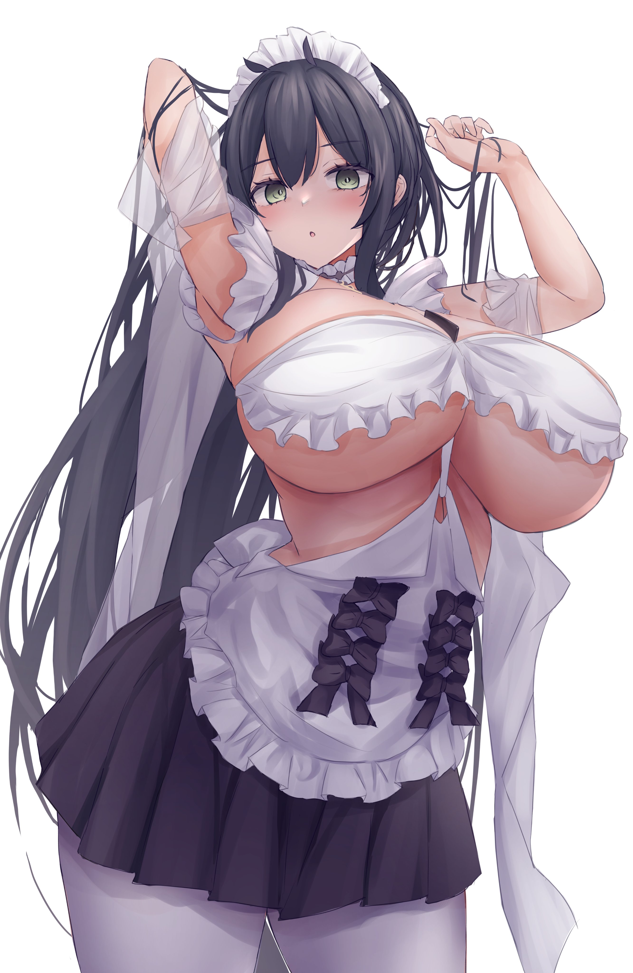 :o, 1girls, 2022, armpits, arms up, artist request, azur lane, black hair, blush, breasts, female, female only, green eyes, hips, huge breasts, indomitable (azur lane), leggings, light skin, light-skinned female, long hair, looking at viewer, maid, maid headdress, maid outfit, slim waist, thick thighs, thighs, tights, wide hips