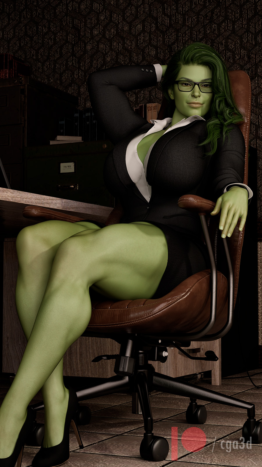 1girls, 3d, 3d (artwork), arm up, artist name, athletic, athletic female, attorney, background, big breasts, black clothing, breasts, business suit, busty, cga3d, chair, clothed, clothed female, collared shirt, curvaceous, curvy, curvy body, curvy female, curvy figure, dark room, daz studio, daz3d, desk, detailed background, erotichris, eyewear, female, female only, fit, fit female, full body, fully clothed, glasses, green body, green hair, green skin, green-skinned female, hand behind head, heels, high heels, huge breasts, hulk (series), large breasts, legs, looking at viewer, marvel, marvel comics, miniskirt, muscular, muscular female, muscular legs, muscular thighs, office, office chair, office lady, on chair, patreon, patreon username, pose, posing, seductive, seductive look, sensual, she-hulk, shirt, side view, sitting, skirt, solo, suit, thick thighs, thighs, watermark